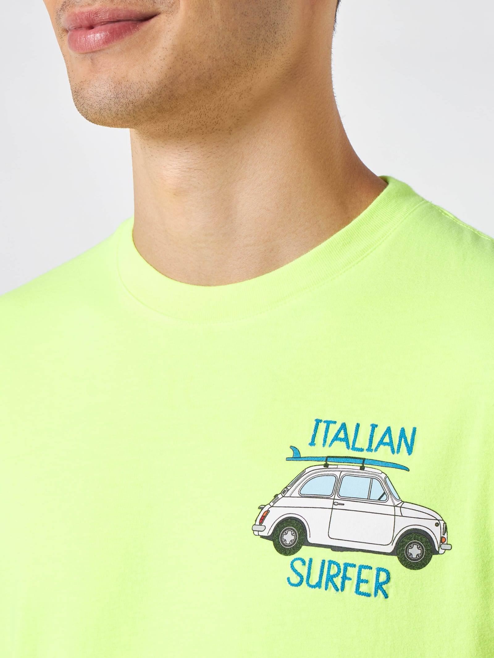 Mc2 Saint Barth Man Cotton T-shirt With Fiat 500 Print Fiat 500© Special Edition In Yellow
