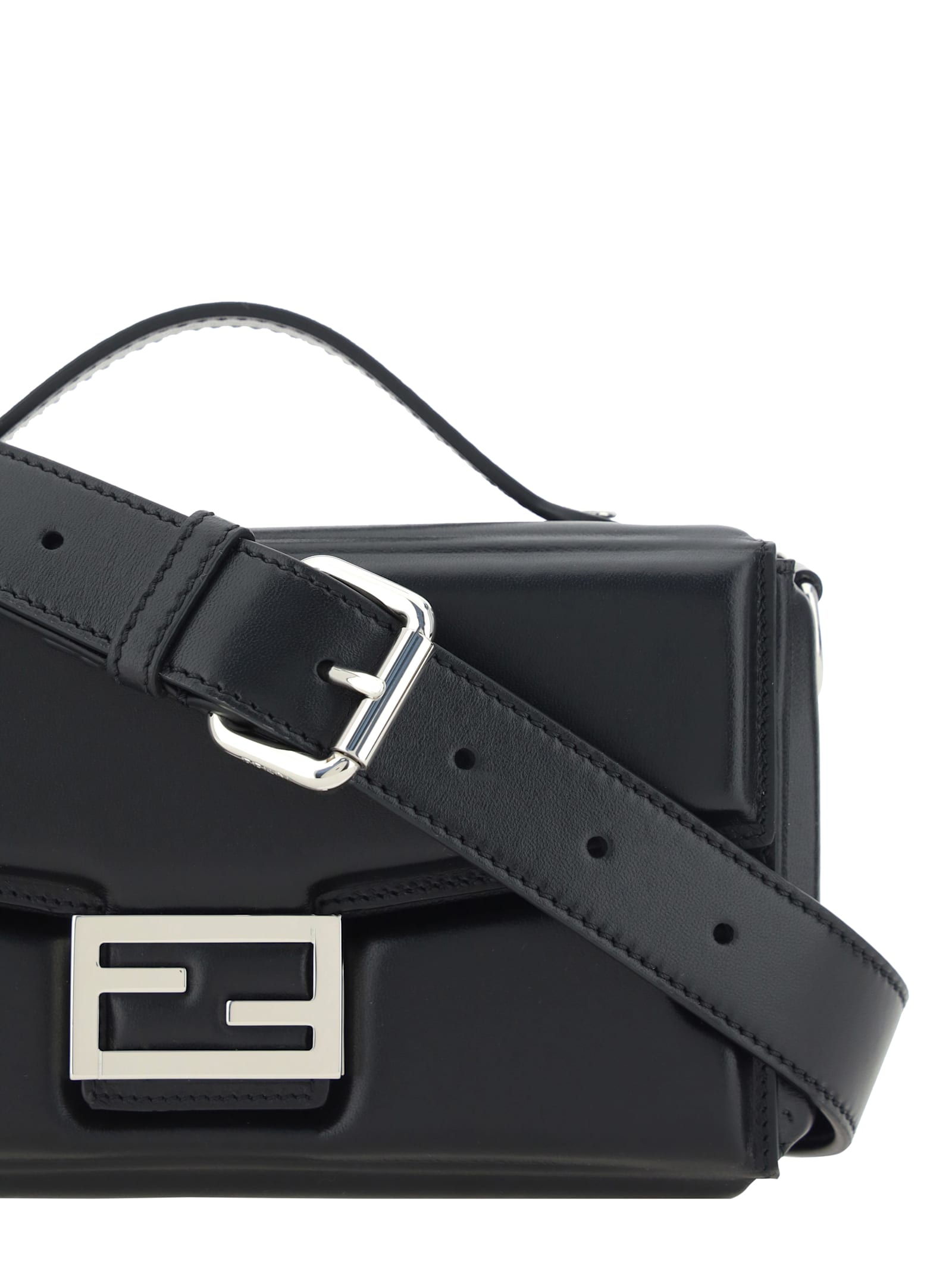 Shop Fendi Soft Trunk Baguette Bag In Nero+palladio