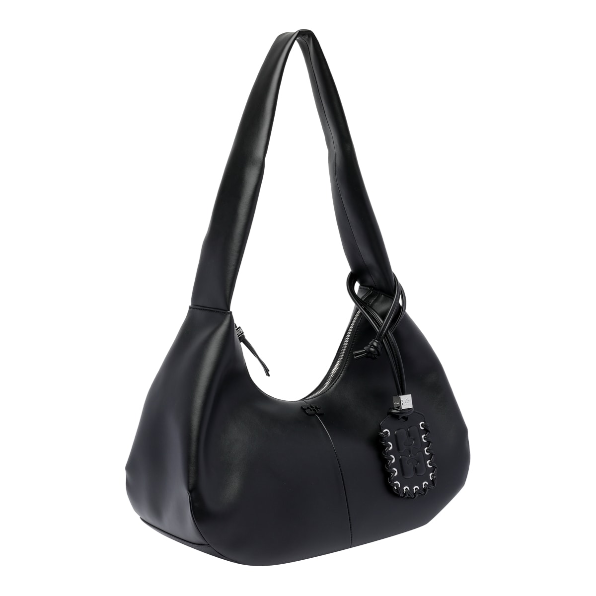 Ganni Bou Bag Hobo Medium Black Shoulder Bag With Shoulder Strap And Removable Logo Patch In Leather Woman In Nero