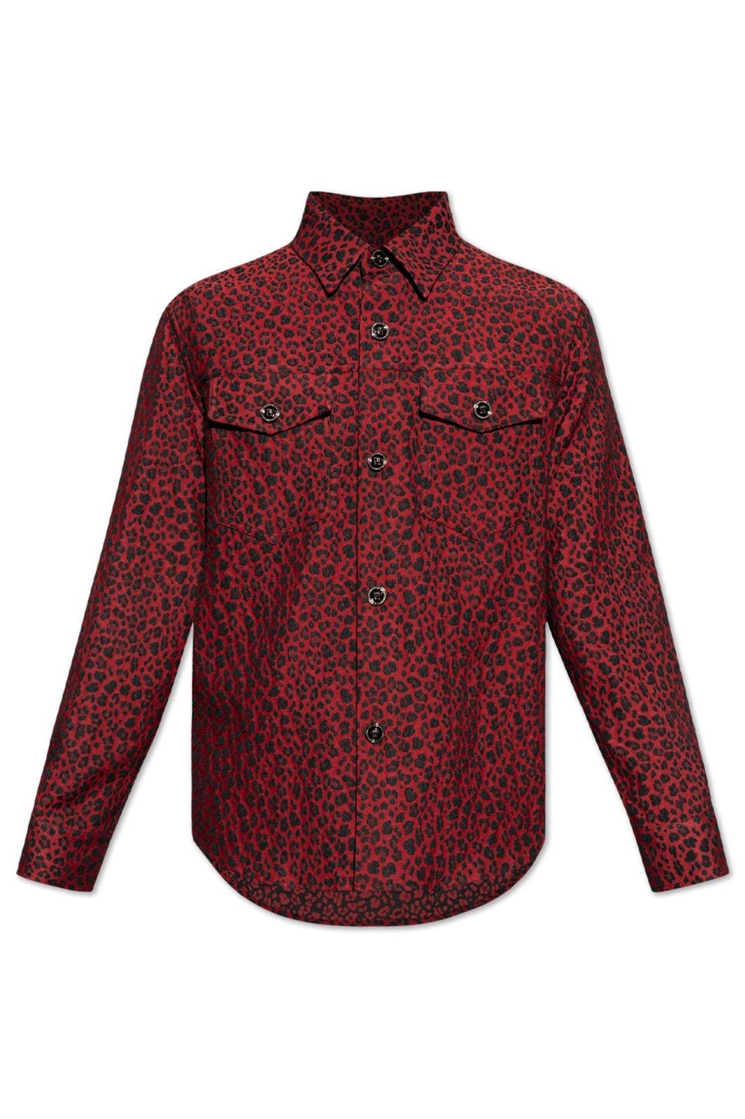 Shop Versace Leopard-embroidered Button-up Shirt In Lipstick Red-black