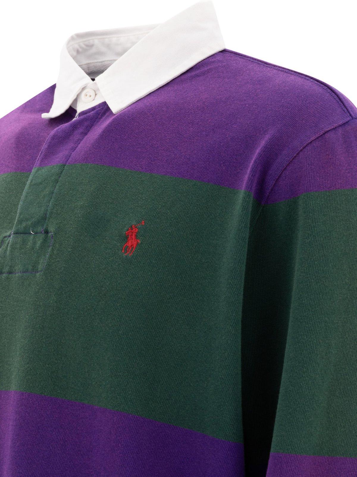 Polo Ralph Lauren Striped Long Sleeve Rugby Shirt With Buttoned Collar In Violet