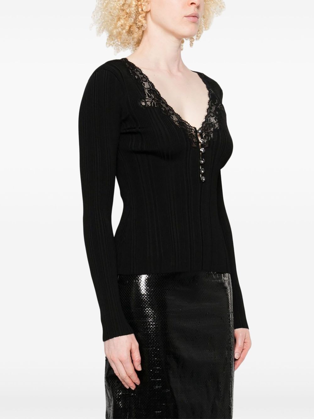 Self-portrait Ribbed Top With Shiny Buttons In Black