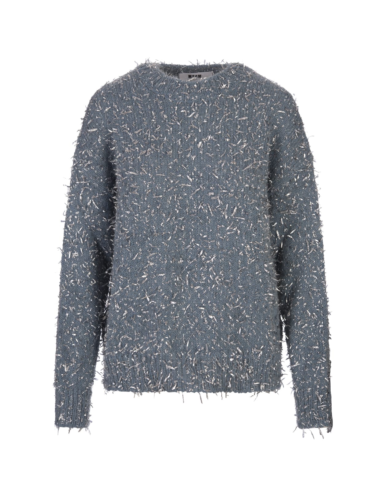 Shop Msgm Light Blue Wool Blend Sweater With Silver Metallic Thread