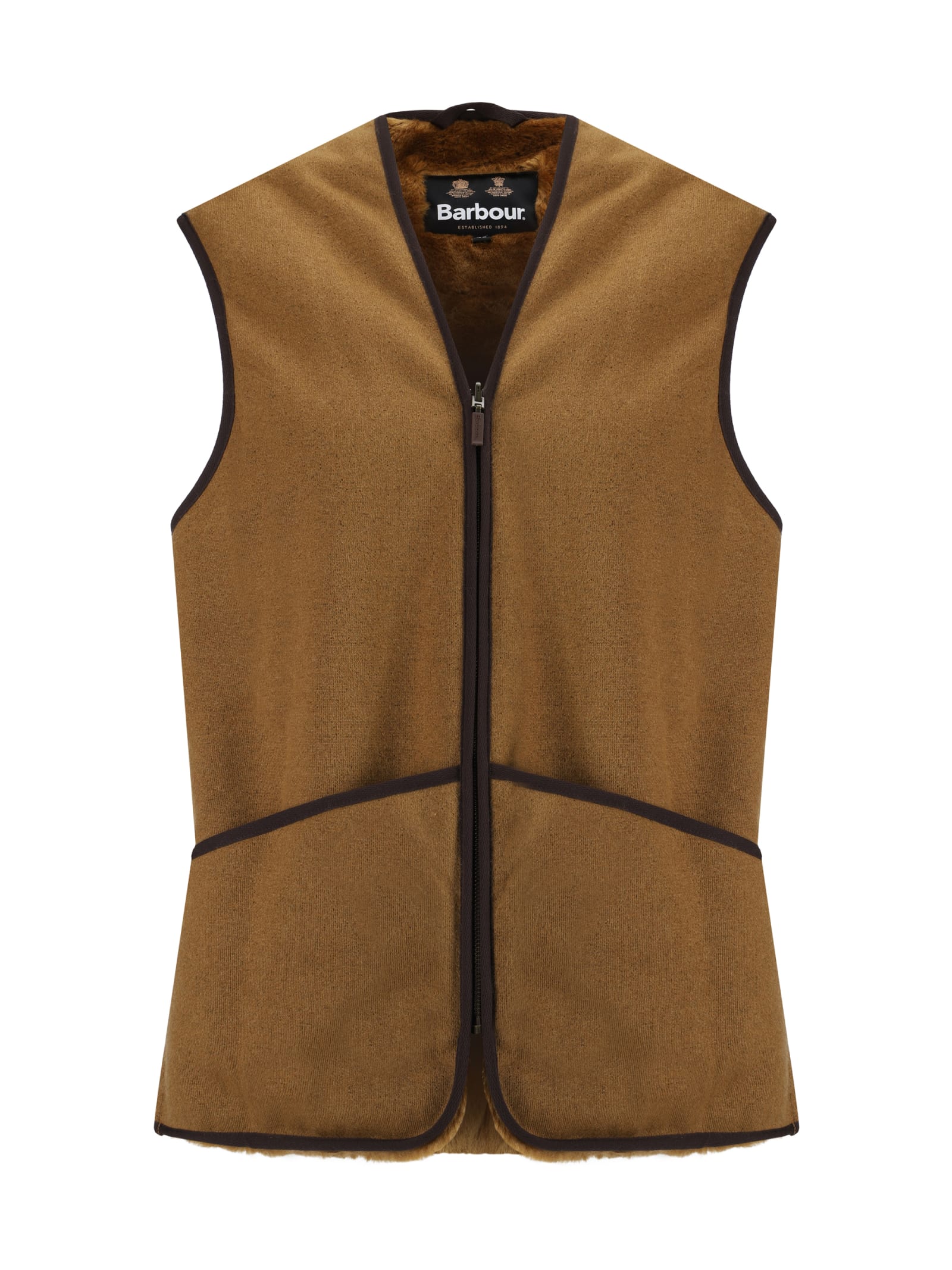 Barbour Sleeveless Tailored Jacket With Textured Fabric And Contrasting Trim In Brown