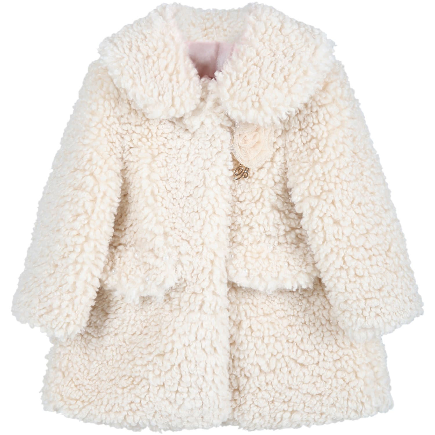 Blumarine Ivory Coat For Baby Girl With Rose