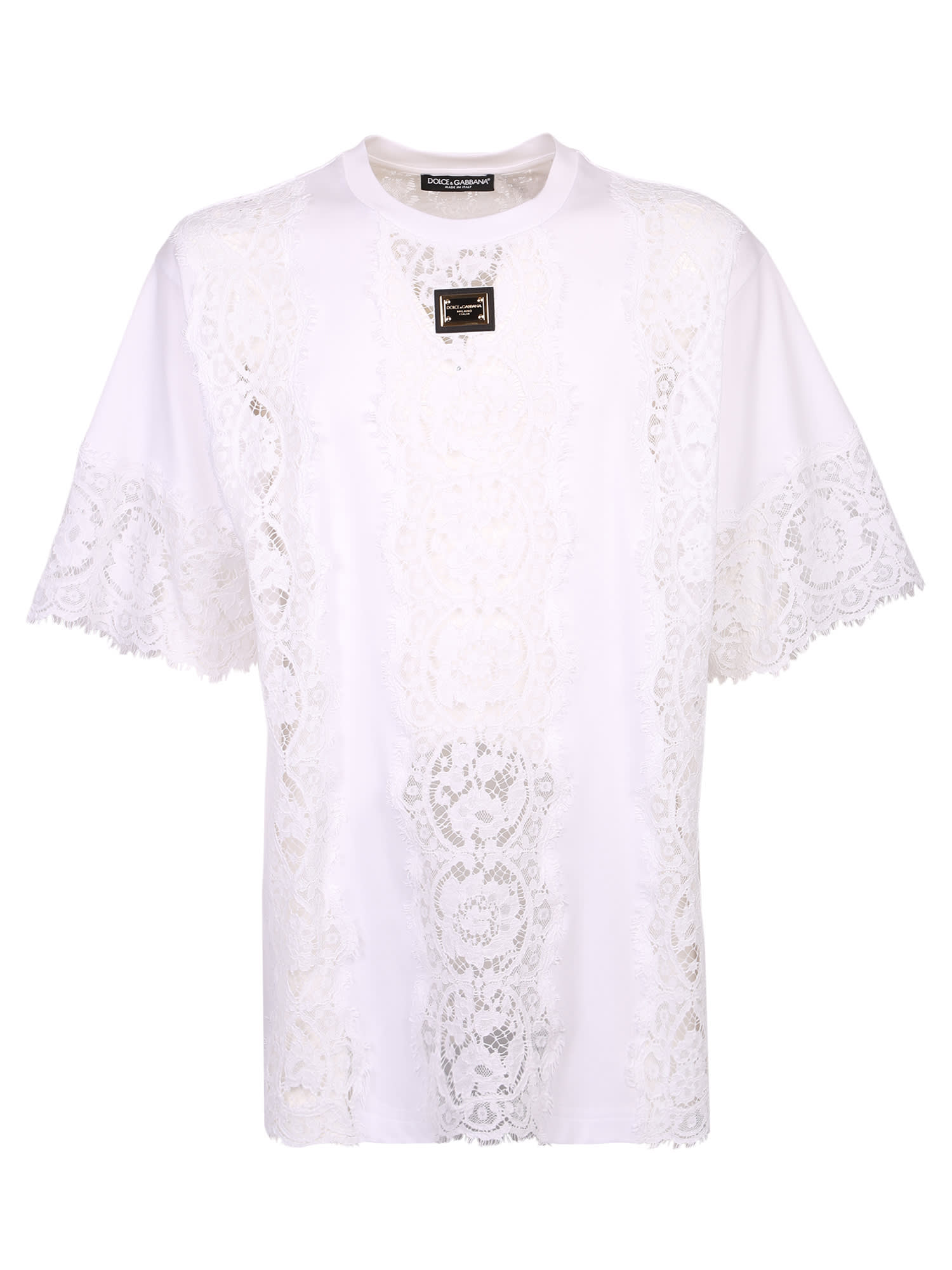 Dolce & Gabbana Lace Panelled Logo Plaque T-shirt