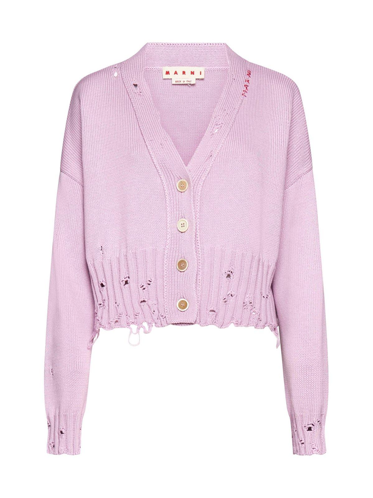 Shop Marni Distressed Cropped Knitted Cardigan In Pink
