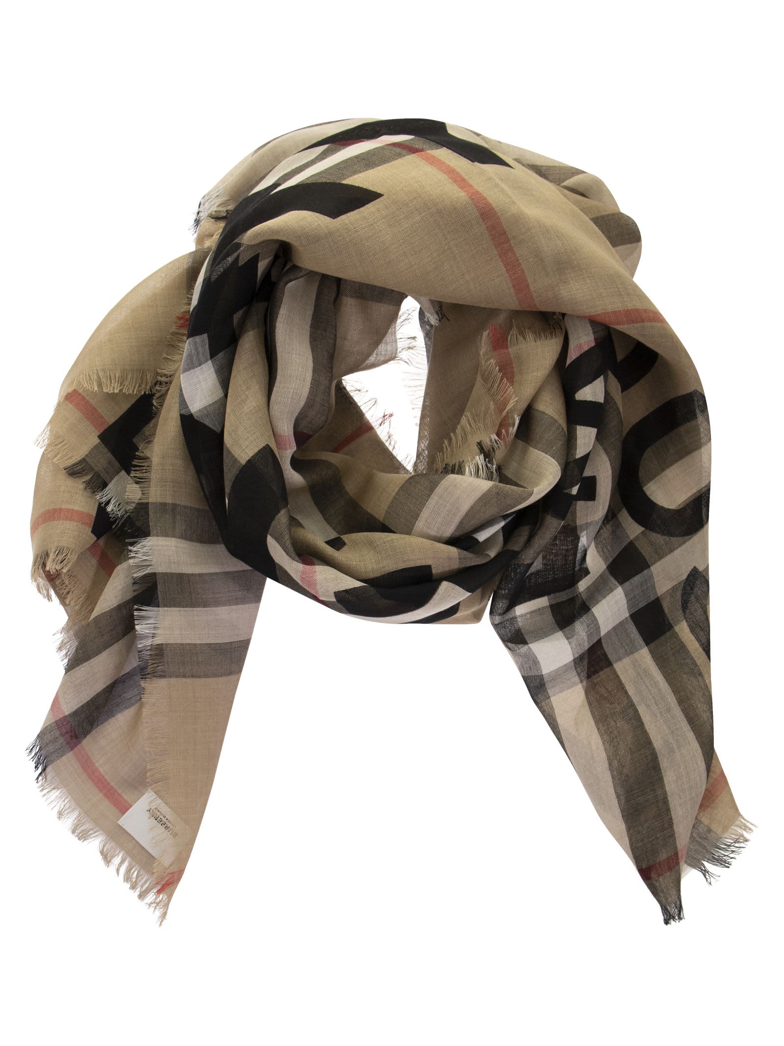Burberry Large Wool And Silk Scarf With Tartan Pattern And Horseferry Print