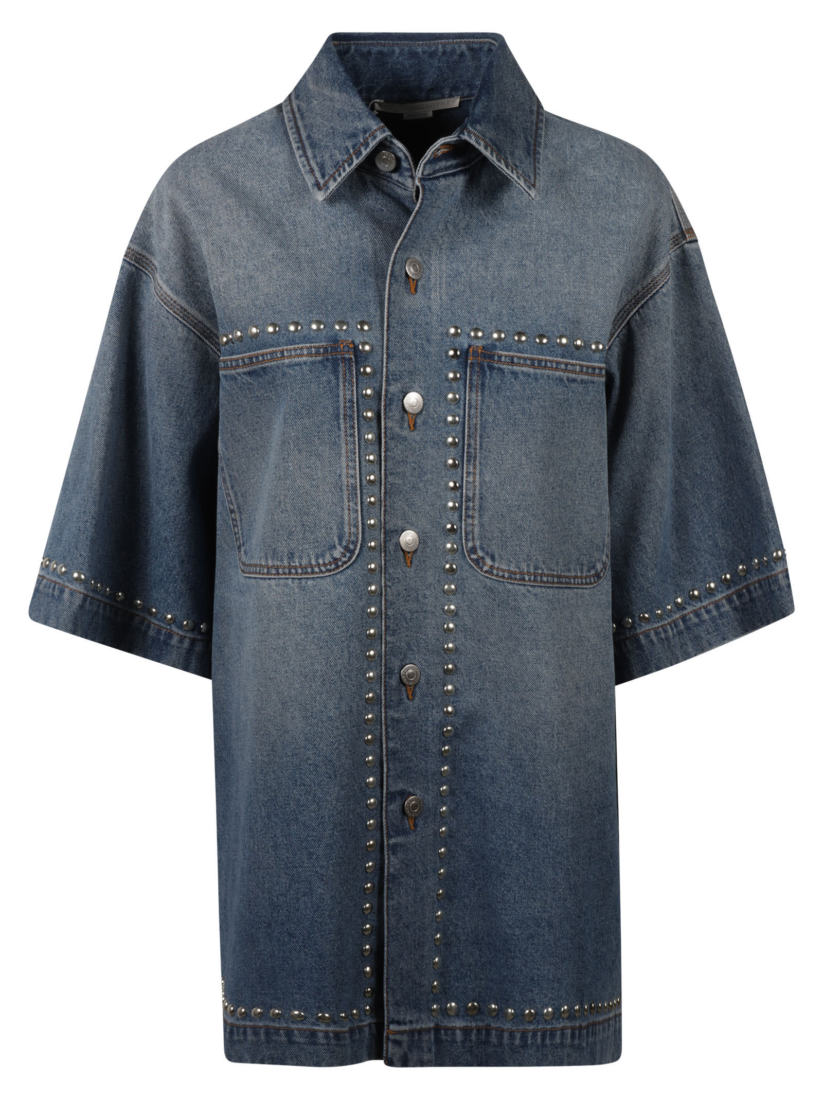 Shop Stella Mccartney Patched Pocket Studded Denim Shirt In Blue Denim