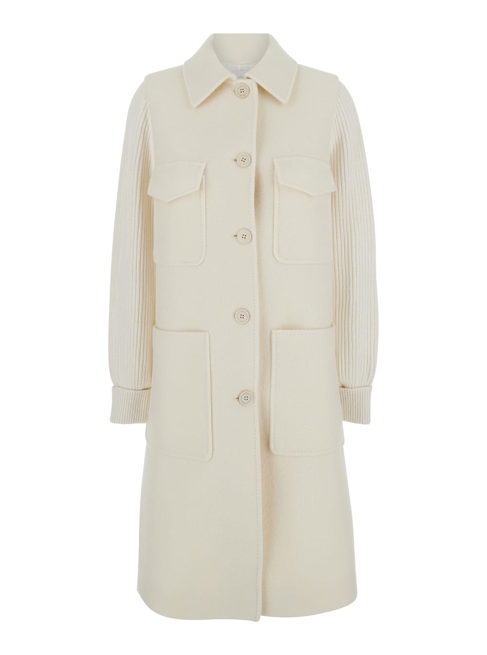 Long White Coat With Ribbed Sleeves In Wool Woman