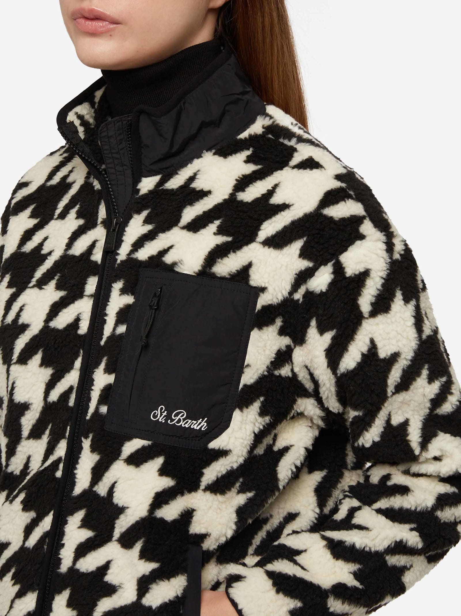 Mc2 Saint Barth Teddy-fleece Jacket Keystone With Pied De Poule Print In Black