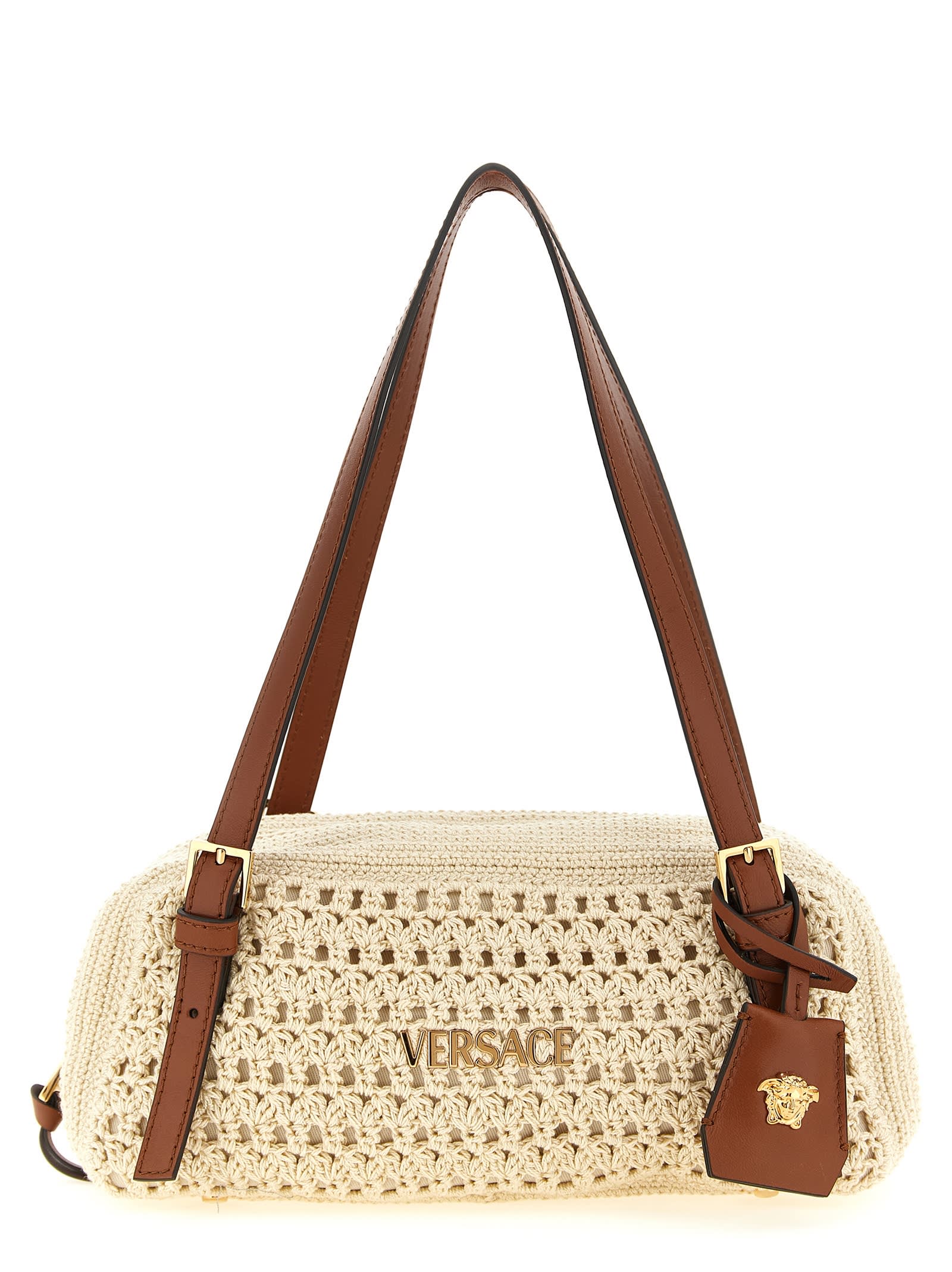 Versace Tag Shoulder Bag In Sand