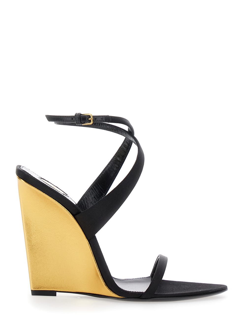 Shop Saint Laurent Black Wedges With Criss-crossed Ankle Strap In Viscose And Silk Blend Woman
