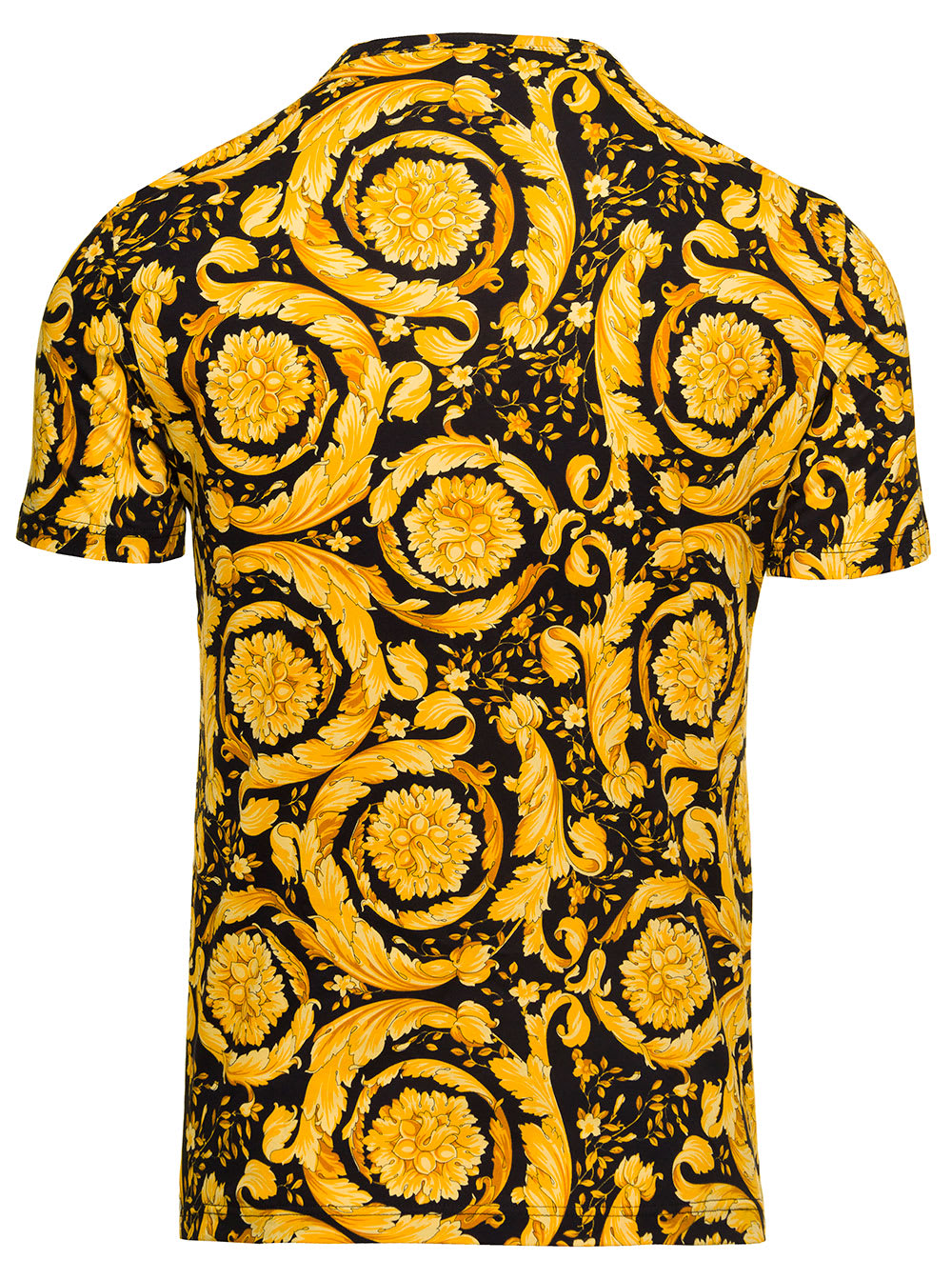 Shop Versace Black And Yellow Crewneck T-shirt With All-over Barocco Print In Stretch Cotton Man