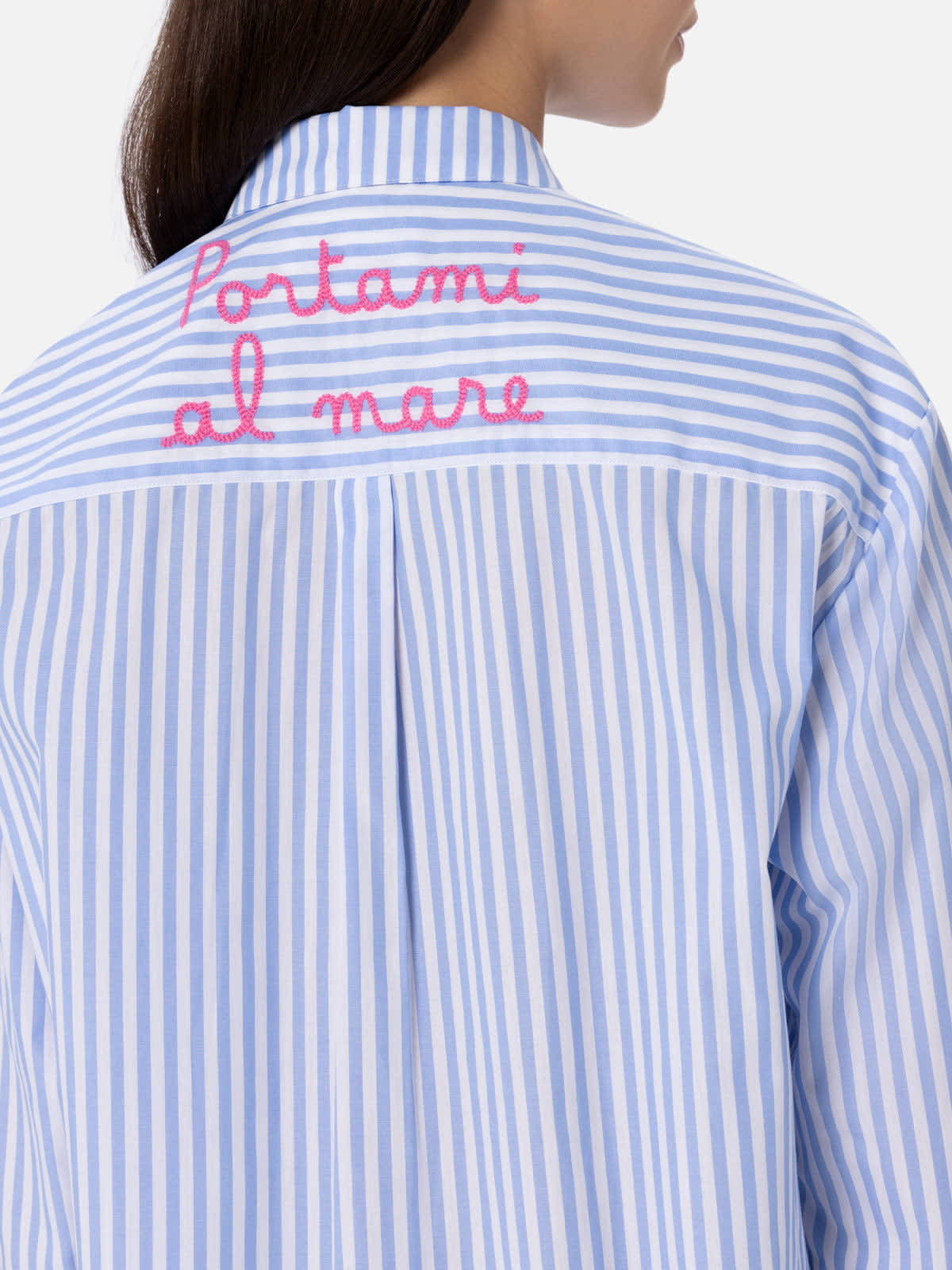 Shop Mc2 Saint Barth Woman Cotton Shirt Brigitte With Light Blue Striped Print In Sky