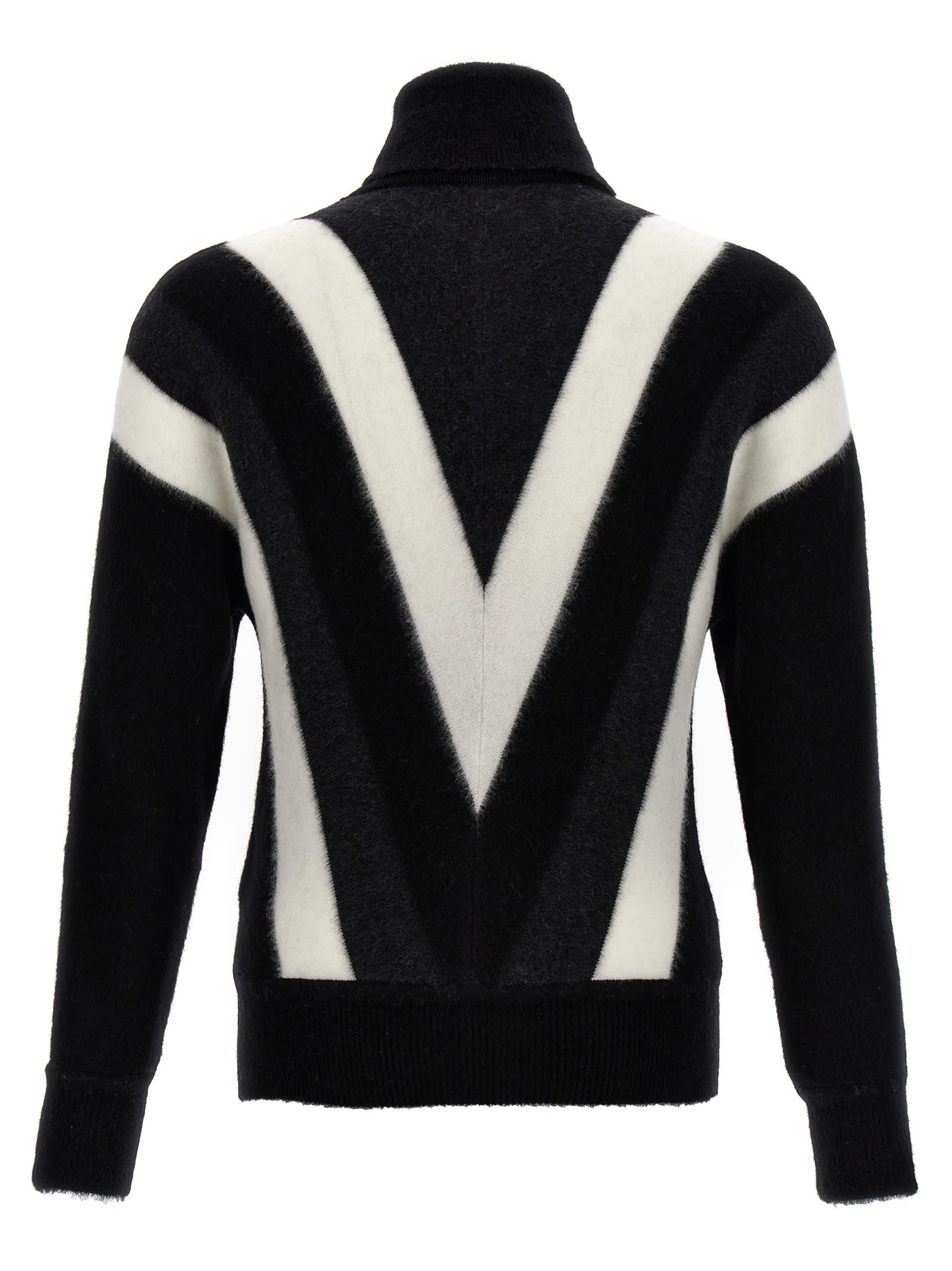 Saint Laurent Turtleneck Geometric Pattern Sweater In White/black