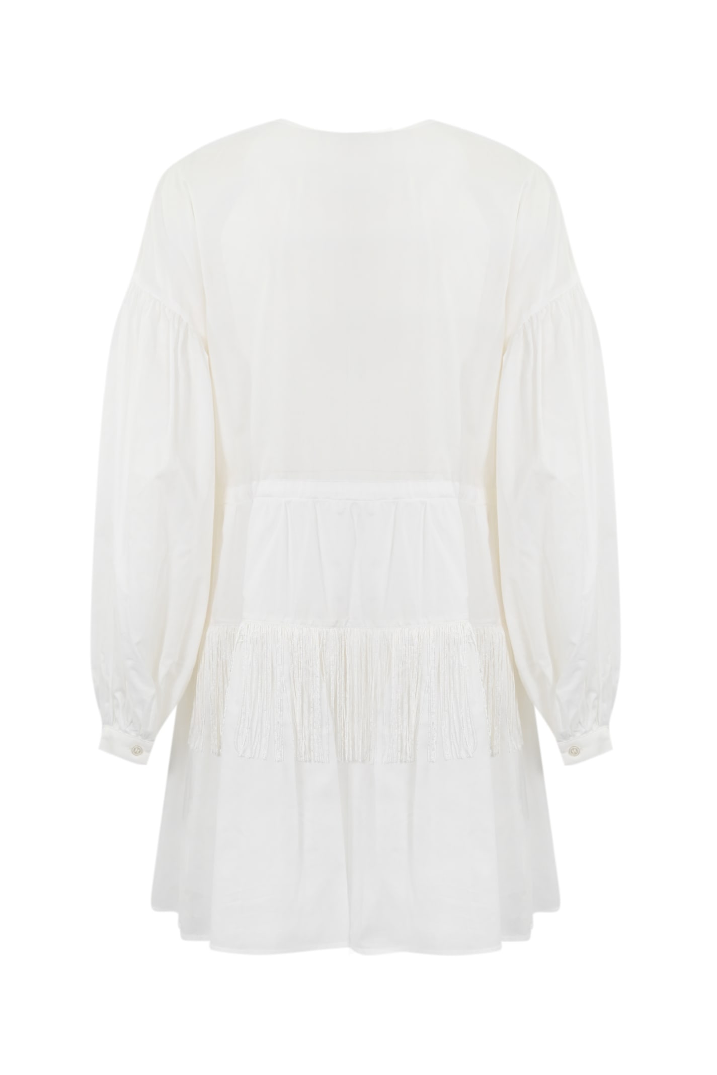 Shop Pinko Muslin Dress With Fringes In Bianco