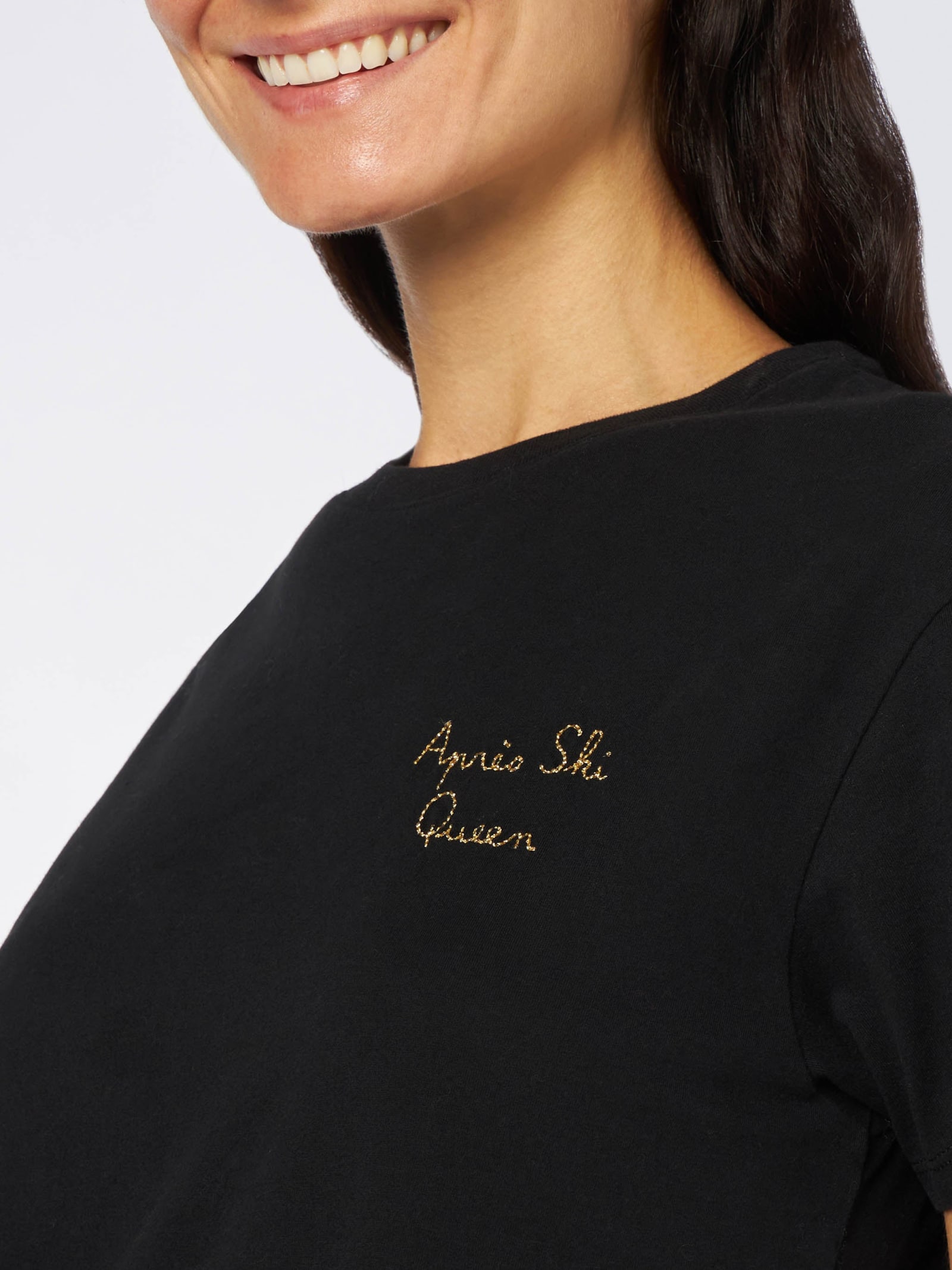 Mc2 Saint Barth Woman Heavy Cotton T-shirt With Aprés Ski Queen Embroidery In Black