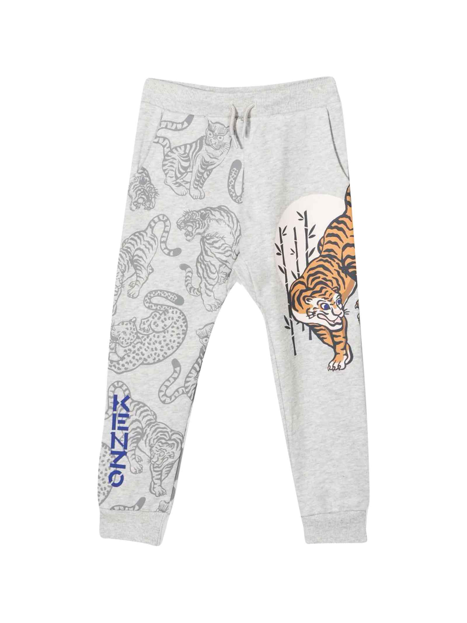 Kenzo Kids Grey Newborn Joggers With Tiger Print With Logo On The Leg, Waist With Elasticated Drawstring, Bellows Pockets On The Sides, Tapered Leg And Elasticat
