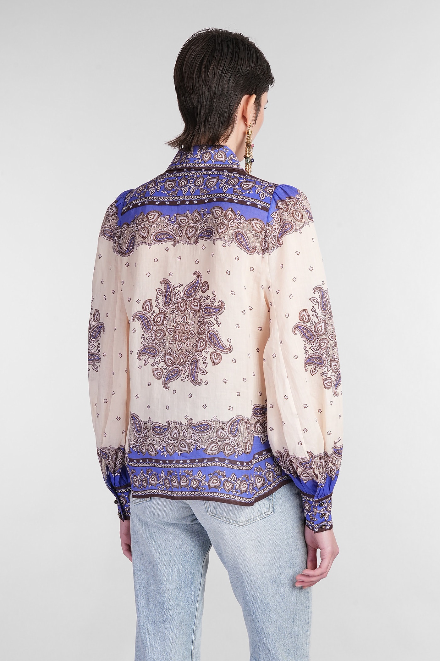 Zimmermann Maxine Paisley Blouson Sleeve Ramie Button-up Shirt In Beige