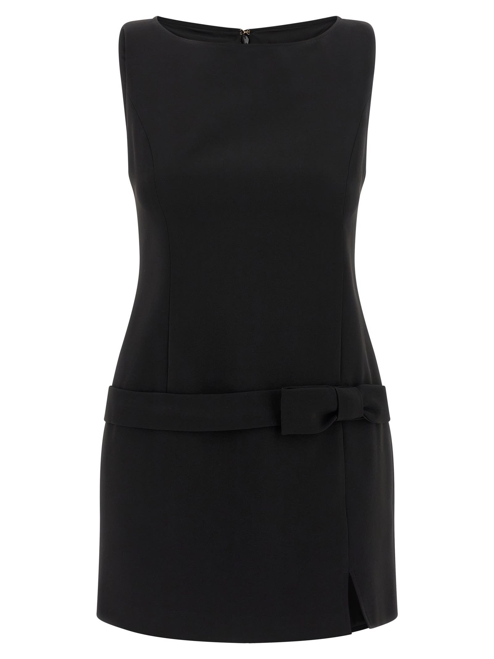 Twinset Black Crewneck Mini Dress With Bow Detail On The Front And Logo Plaque On The Rear In Tech Fabric St In Black
