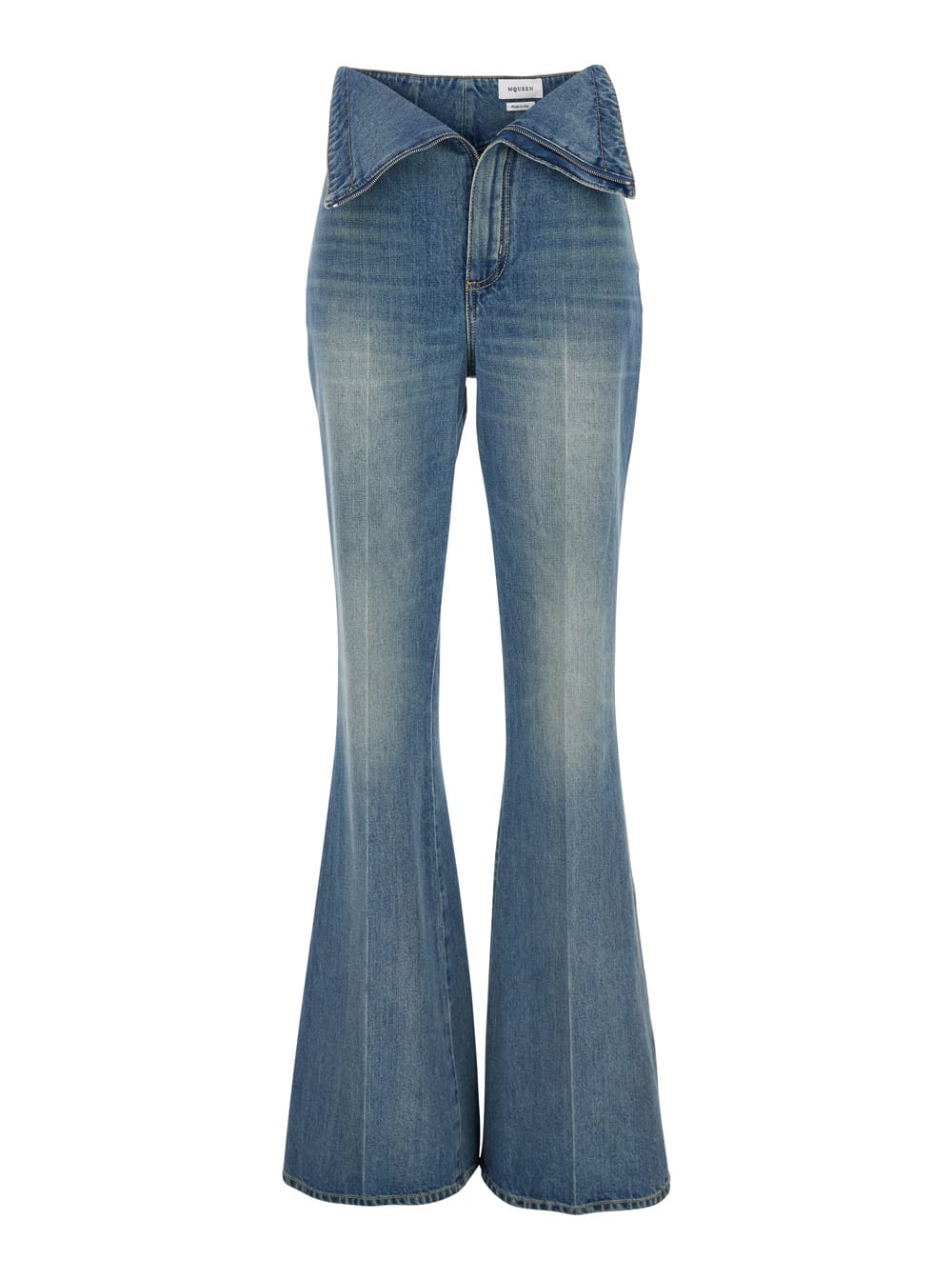 Blue Flared Jeans With Foldover Waist And Logo Patch On The Rear In Denim Womanaa