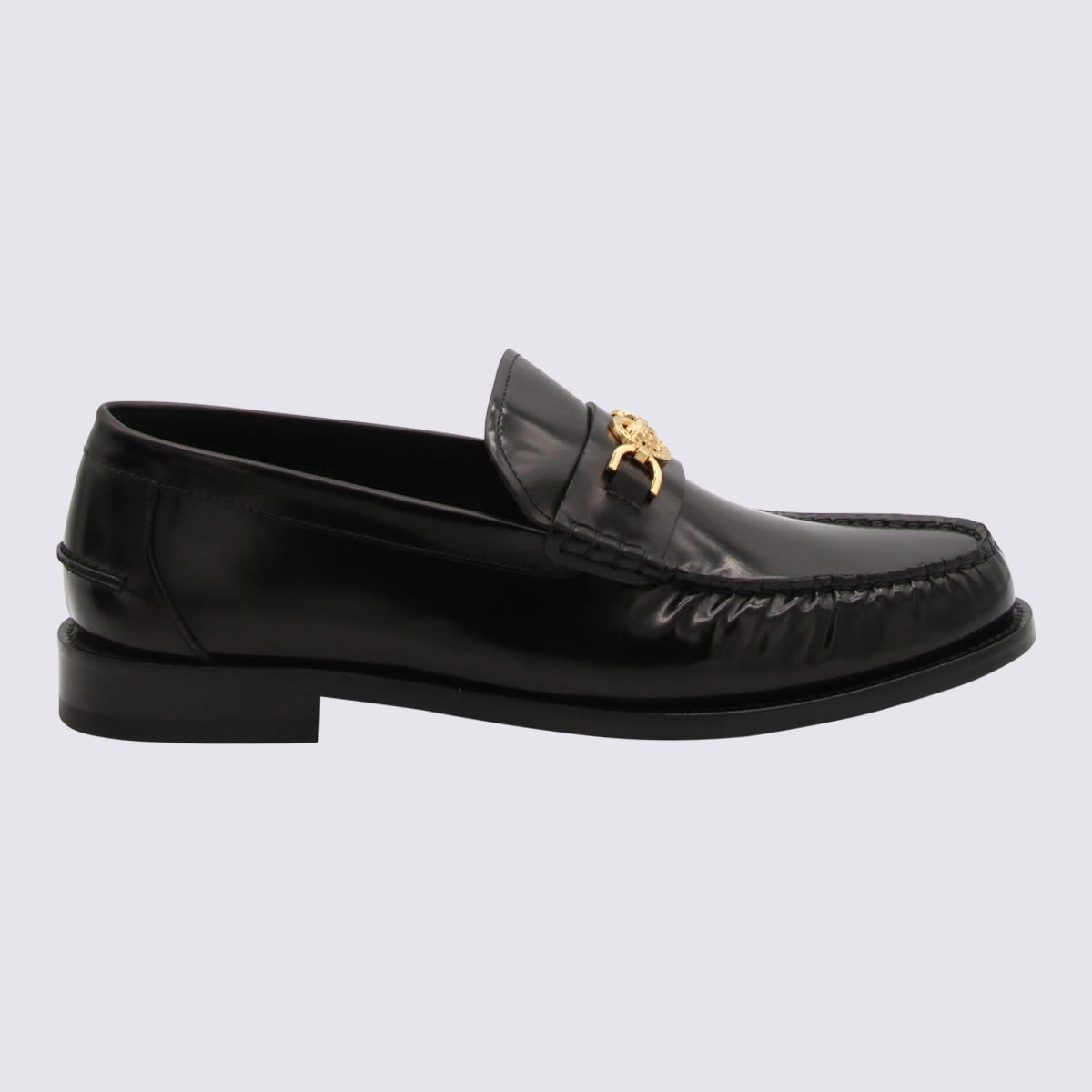 Shop Versace Black And Gold Leather Medusa Loafers In Nero/oro