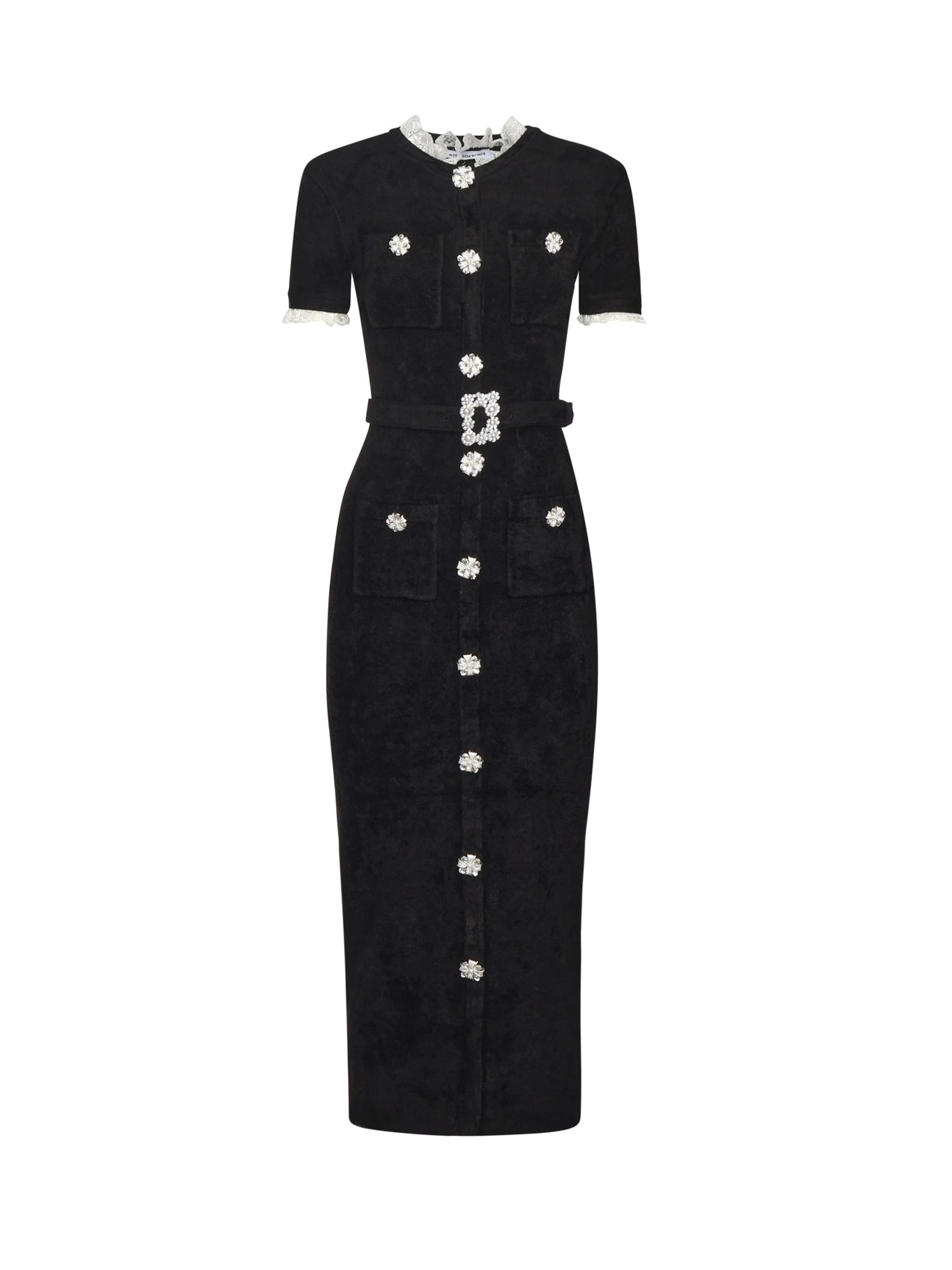 Self-portrait Womens Black Crystal-embellished Lace-trim Chenille-knit Midi Dress In Black