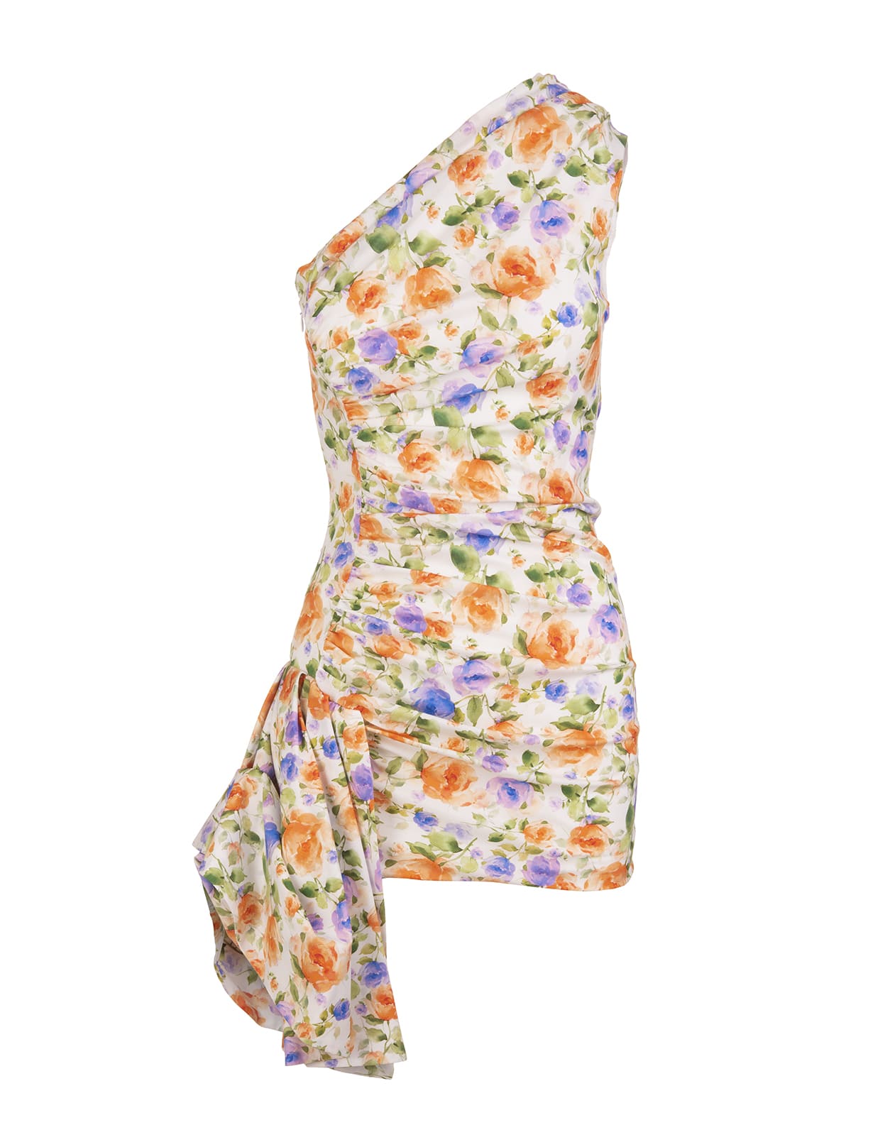 Giuseppe di Morabito Short One Shoulder Dress With Draping And Lilac And Orange All-over Floral Print