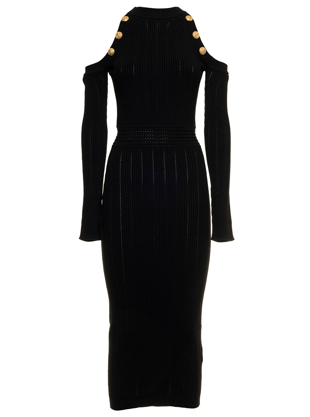 Balmain Black Viscose Cut Out Dress With Logoed Buttons Woman