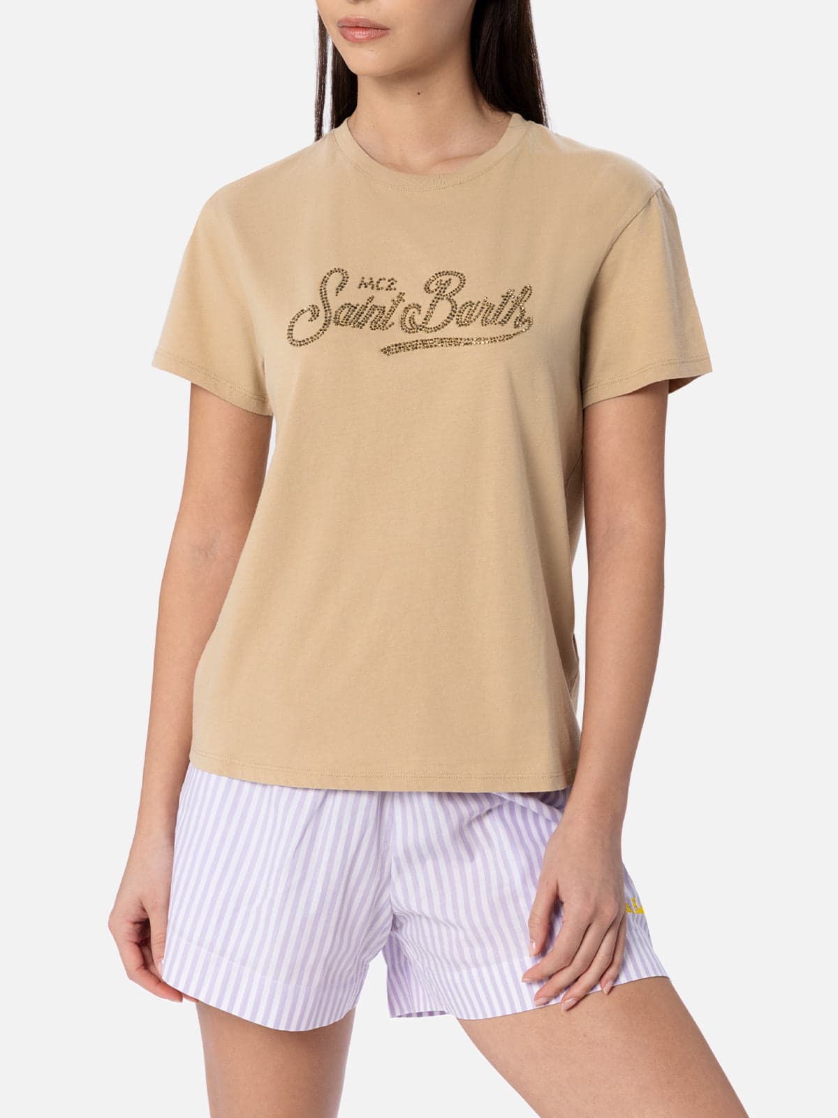 Mc2 Saint Barth Woman Cotton Jersey Crewneck T-shirt Emilie With Saint Barth Rhinestones Embroidery In White
