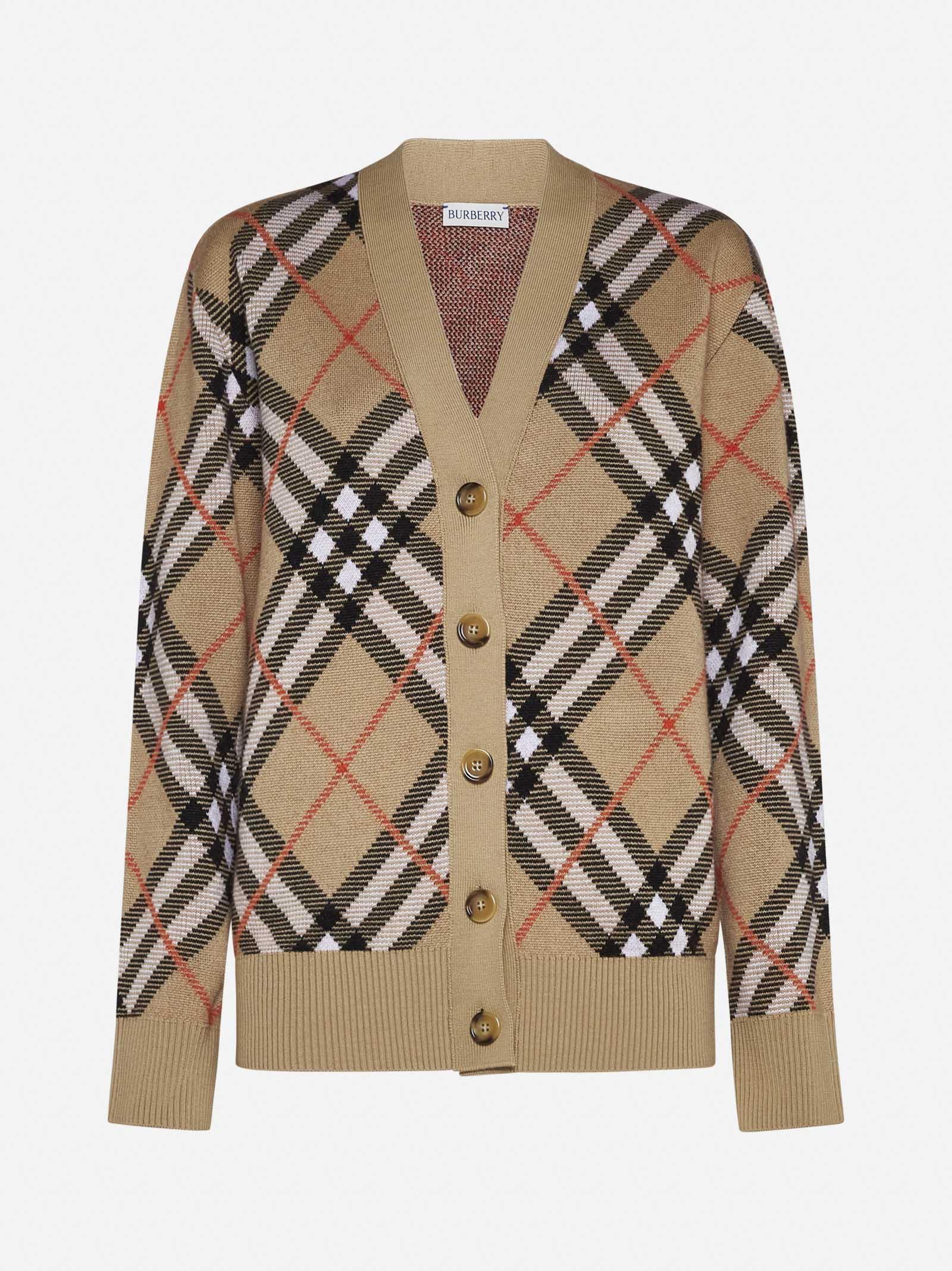 Shop Burberry Check Motif Wool Cardigan In Sand Ip Check