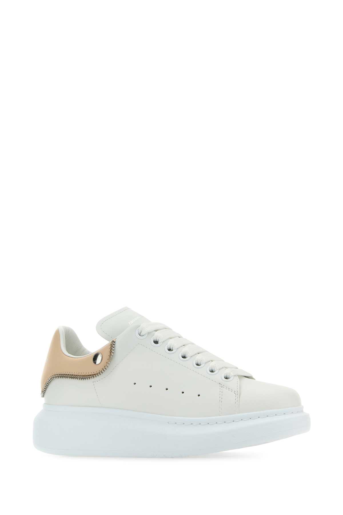 Shop Alexander Mcqueen White Leather Sneakers With Powder Pink Leather Heel In Whiteoatsilver