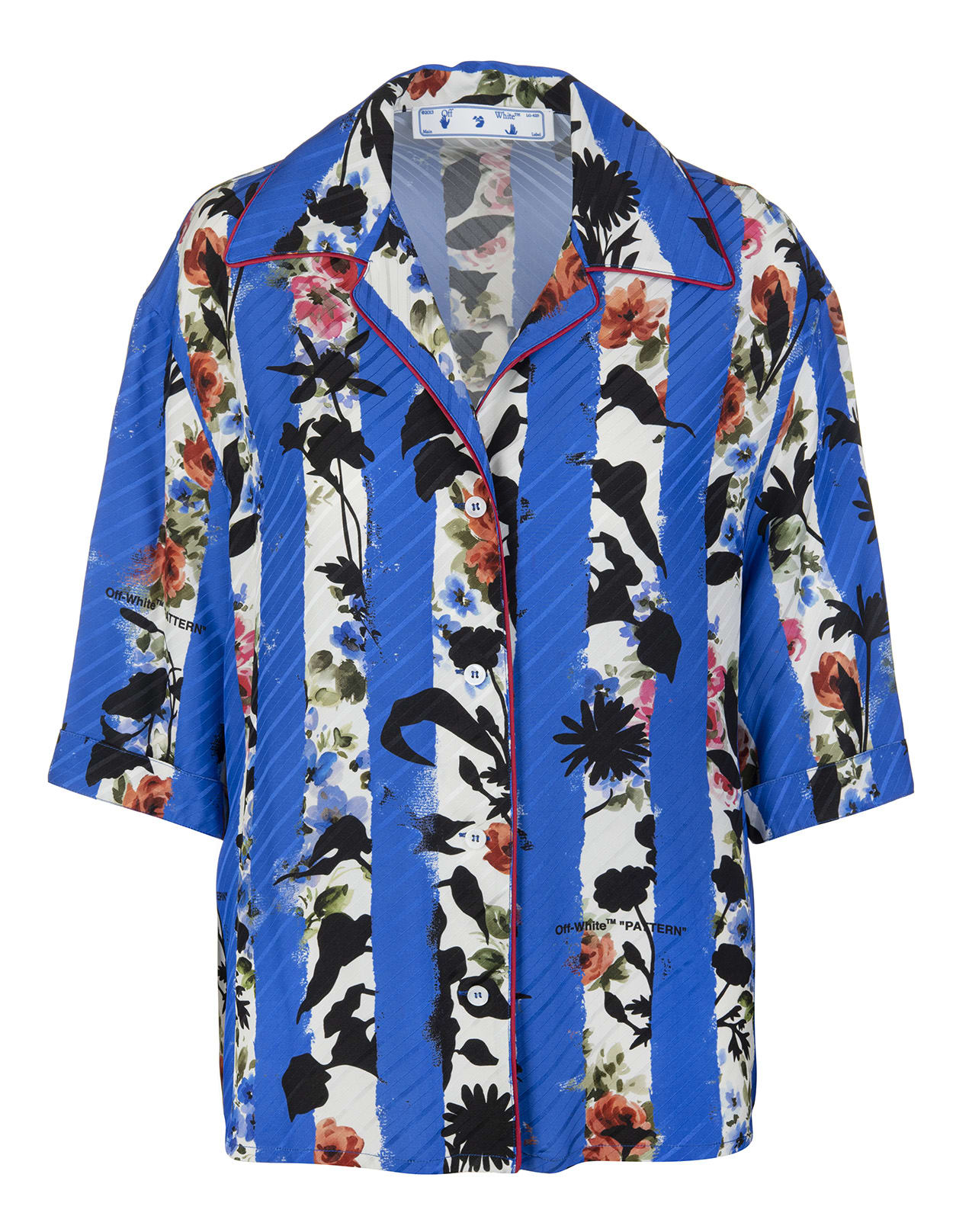 OFF-WHITE WOMAN BLUE BOWLING SHIRT WITH FLORAL STRIPES,OWGA071S21FAB002 0145