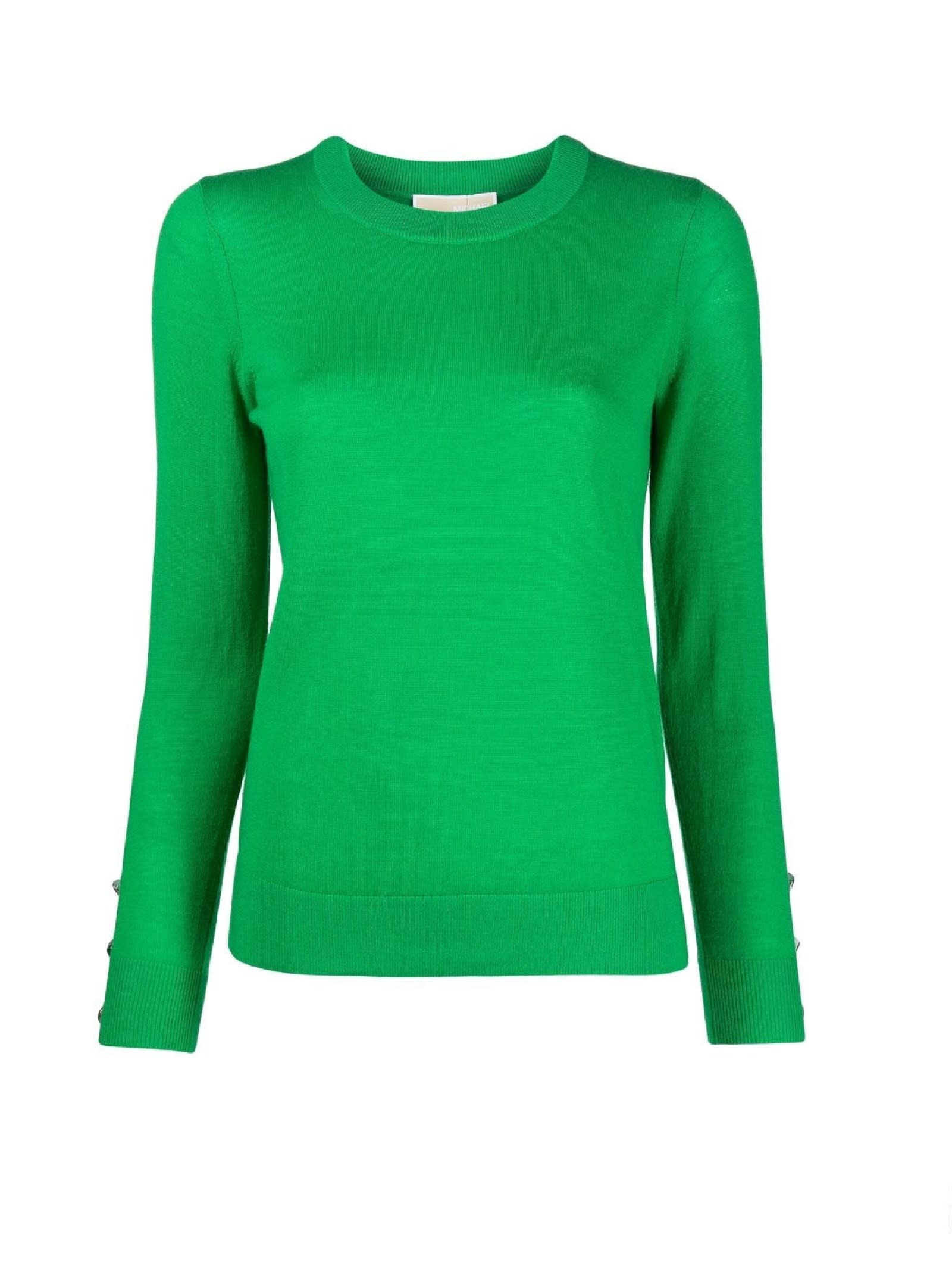 MICHAEL KORS GREEN ROUND NECK PULL-OVER WITH BRANDED BUTTONS ON CUFFS IN WOOL WOMAN