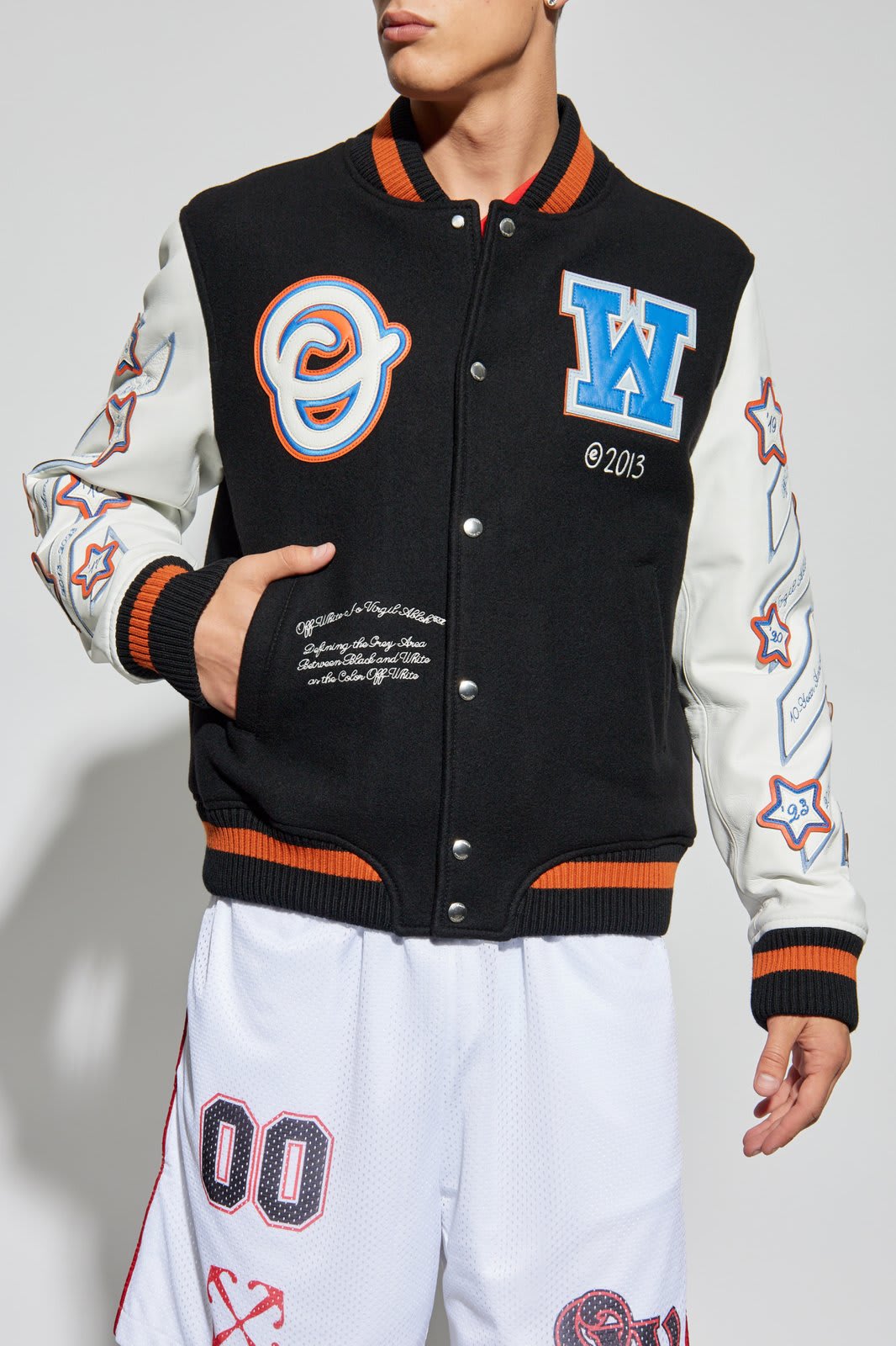 Shop Off-white Patchwork Varsity Jacket In Black/white