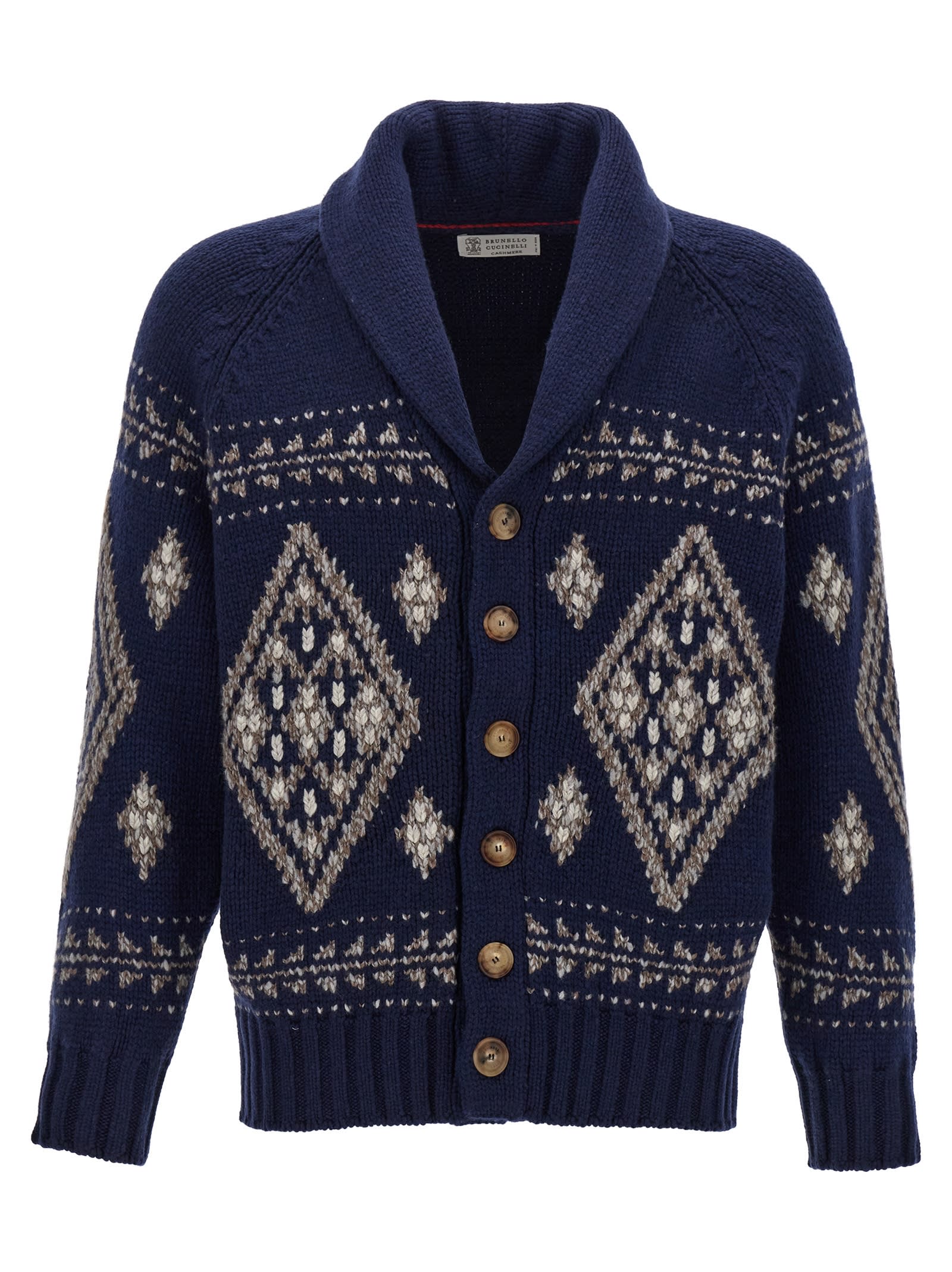 Shop Brunello Cucinelli Jacquard Cashmere Cardigan In Blue