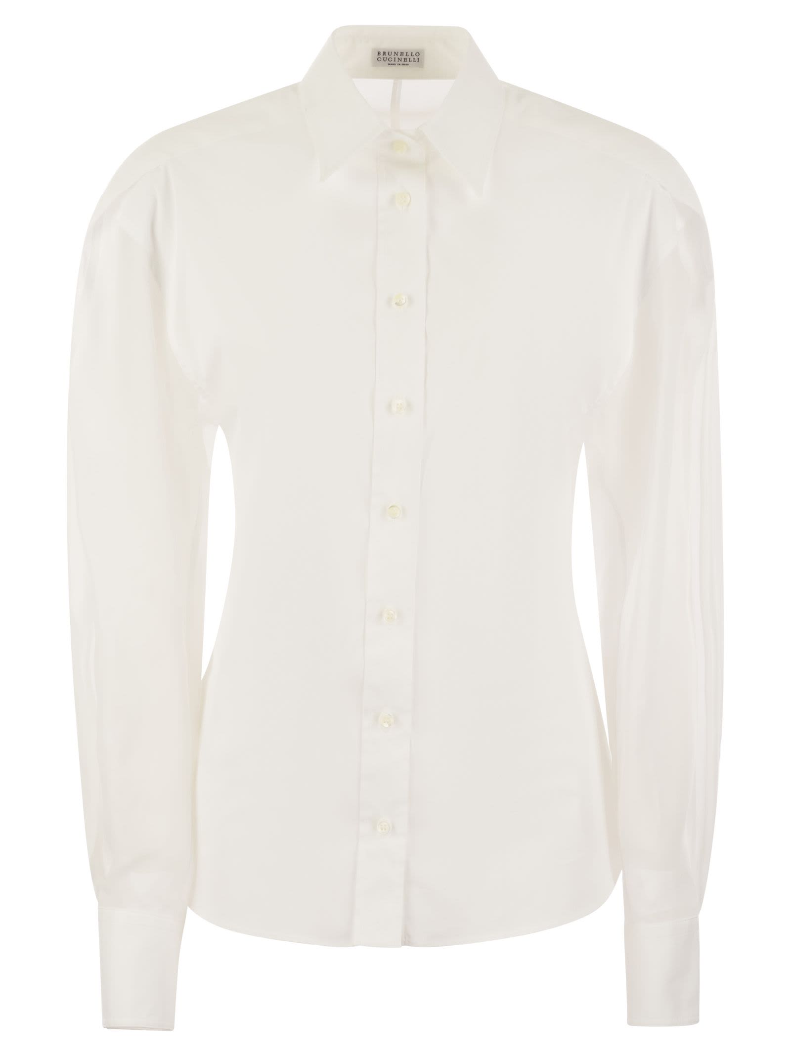 Shop Brunello Cucinelli Stretch Cotton Poplin Shirt With Cotton Organza Sleeves And Necklace In White