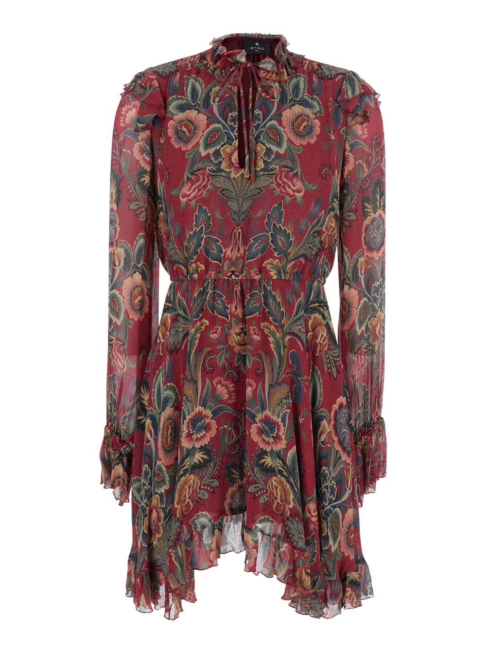 Red Ruched Mini Dress With All-over Floral Print In Viscose Blend Woman