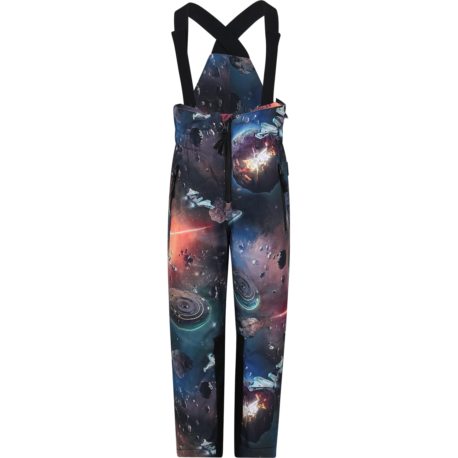 Molo Black Snow Suit For Kids With Space Print In Multicolor