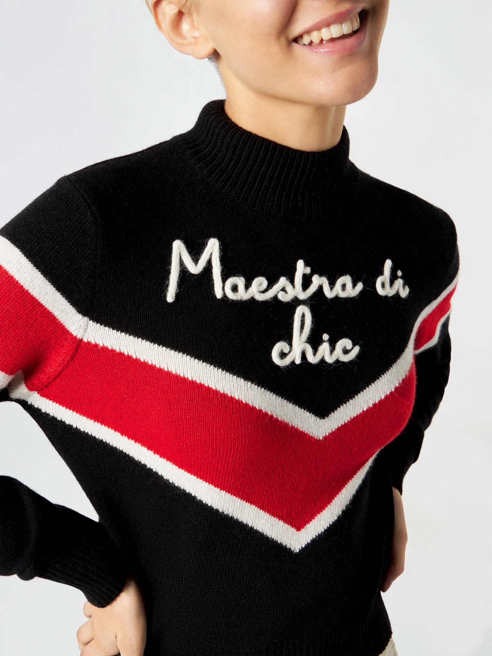 Shop Mc2 Saint Barth Woman Half-turtleneck Sweater With Maestra Di Chic Embroidery In Black