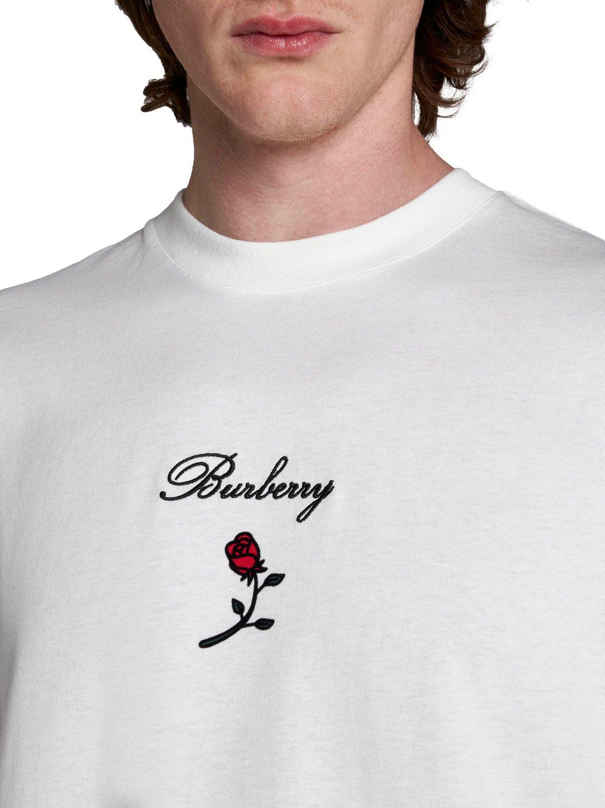Shop Burberry Logo Embroidered Crewneck T-shirt In Rain