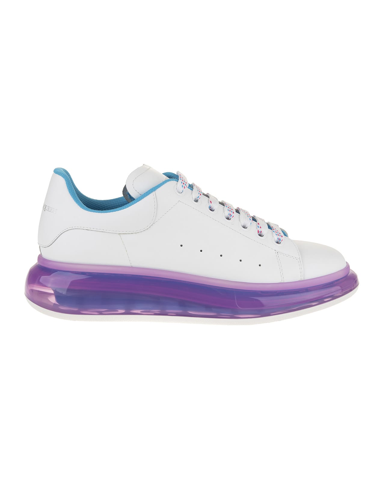 Buy Alexander McQueen Woman White And Blue Oversize Sneakers With Purple Transparent Sole online, shop Alexander McQueen shoes with free shipping
