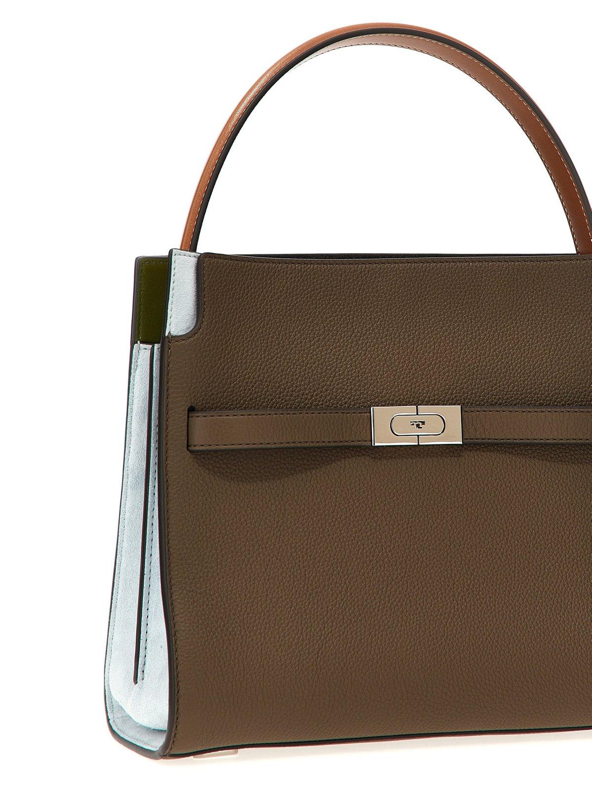 Shop Tory Burch Lee Radziwill Pebbled Color-block Small Double Tote In Wild Mushroom