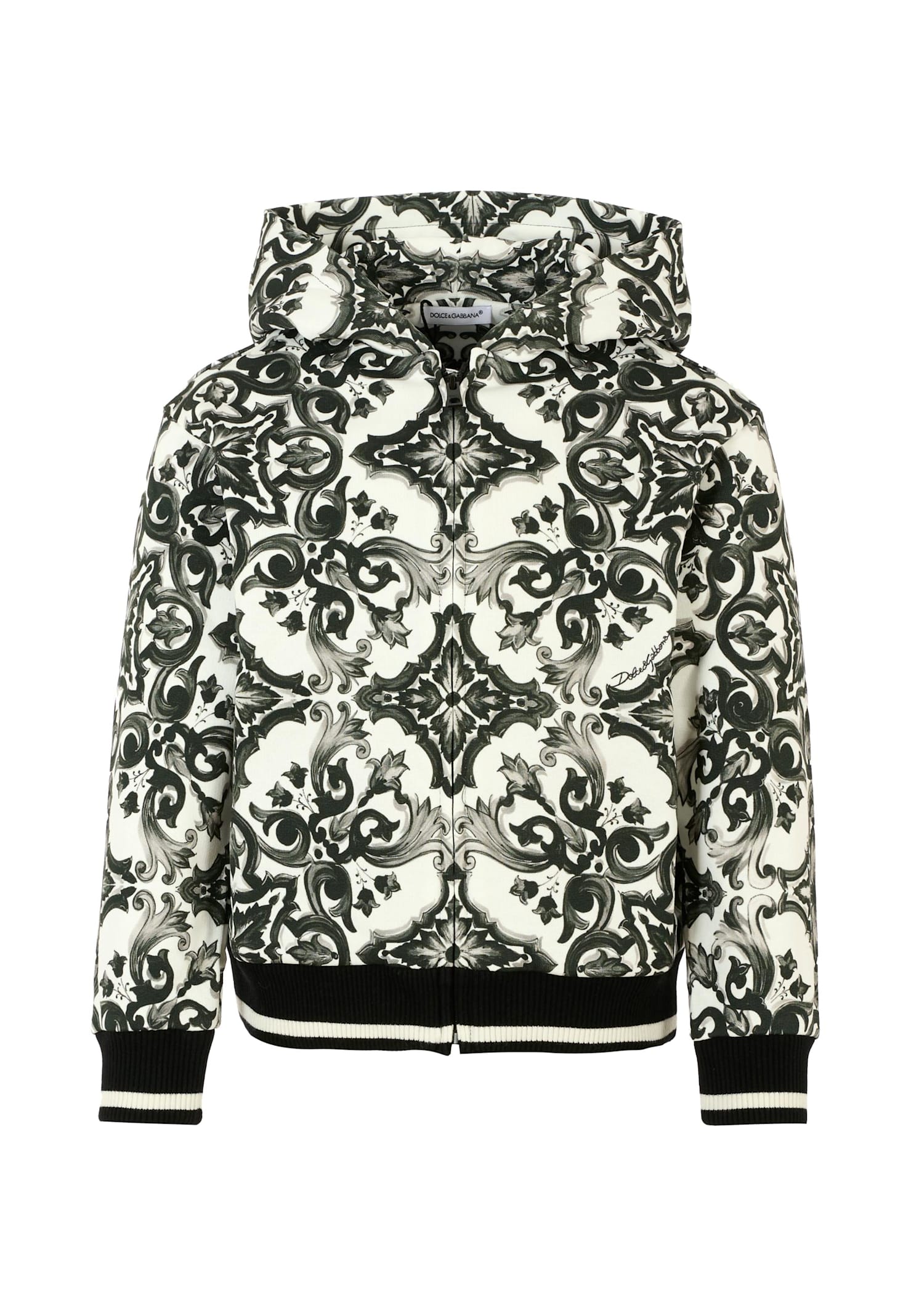 Dolce & Gabbana Majolica-print Hooded Sweatshirt With Zip In Black