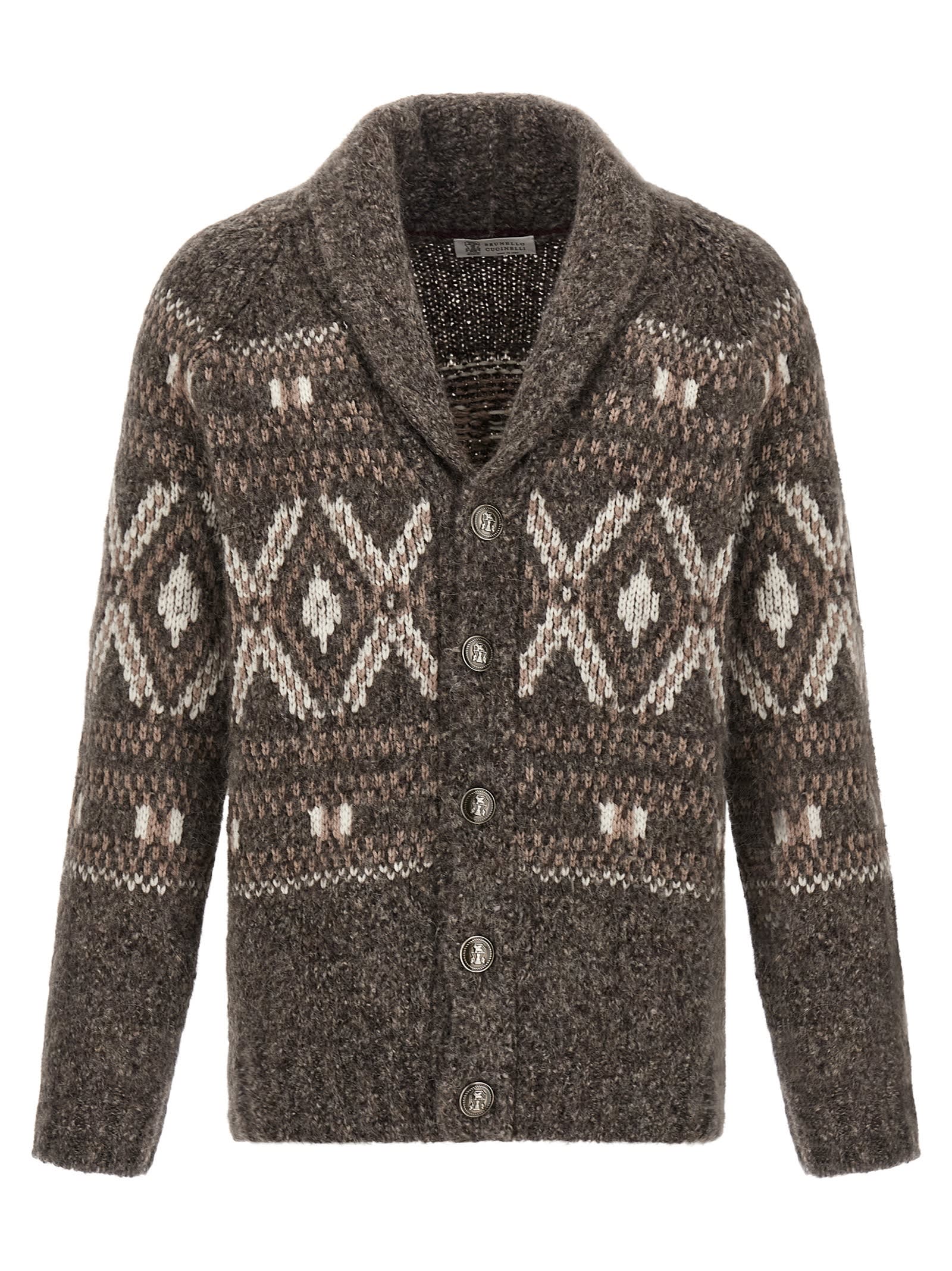 Brunello Cucinelli Wool Cardigan V-neck Geometric Pattern In Brown