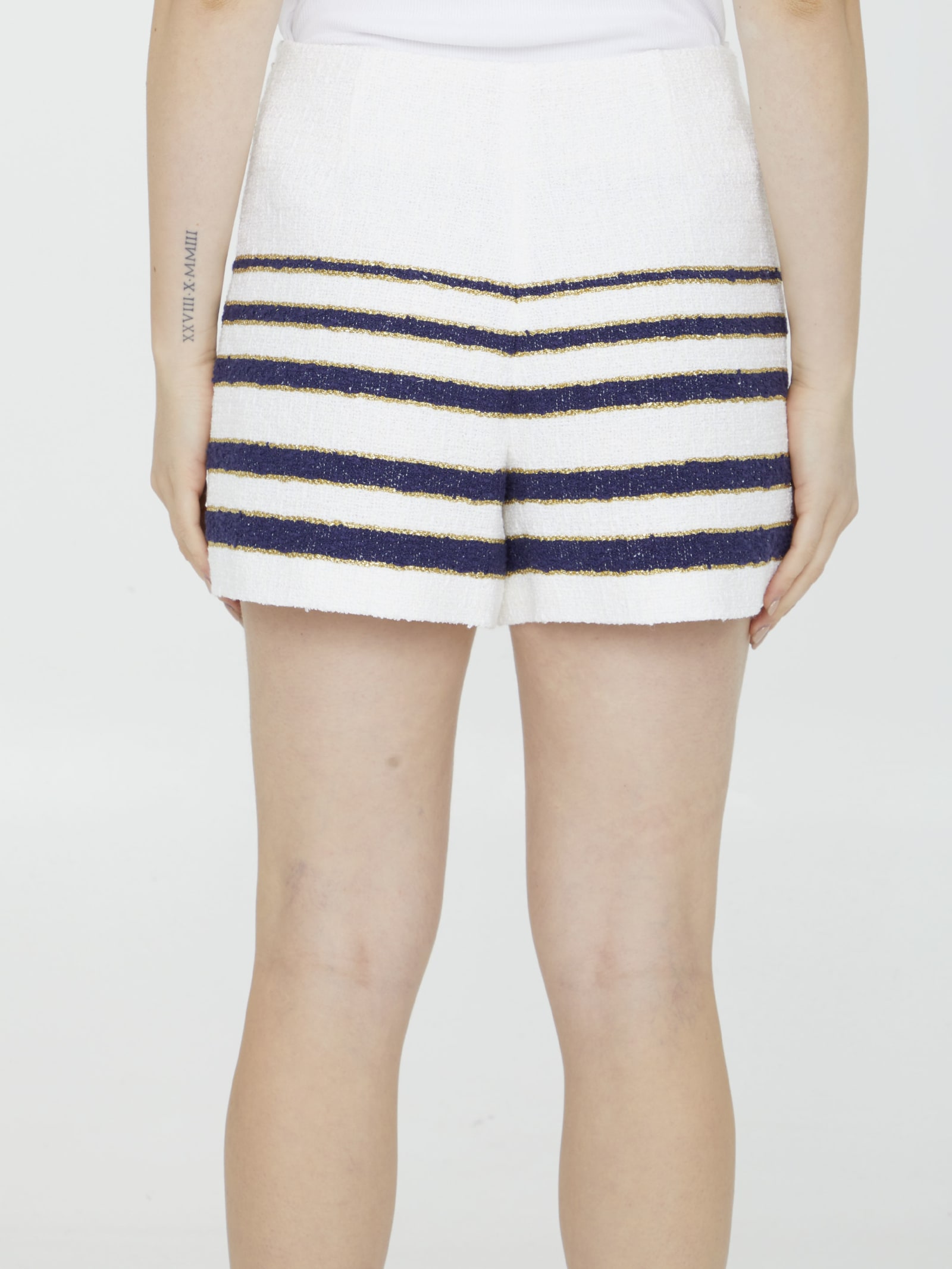 Shop Valentino Mariniere Tweed Shorts In Ivory