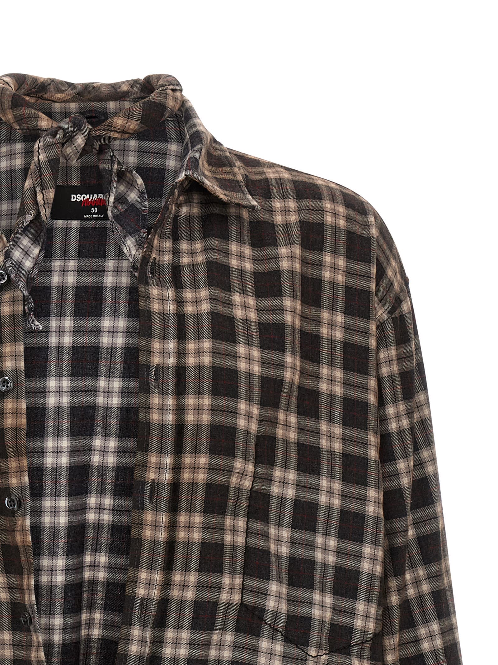 Dsquared2 D2 X Magliano Brown Shirt With Tie Detail On The Front And All-over Check Motif In Cotton Man In Brown
