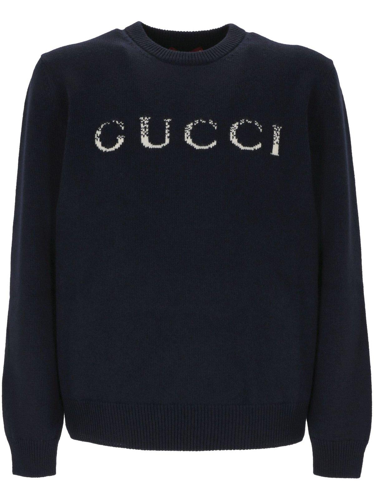 Shop Gucci Logo Intarsia Crewneck Knit Sweater In White