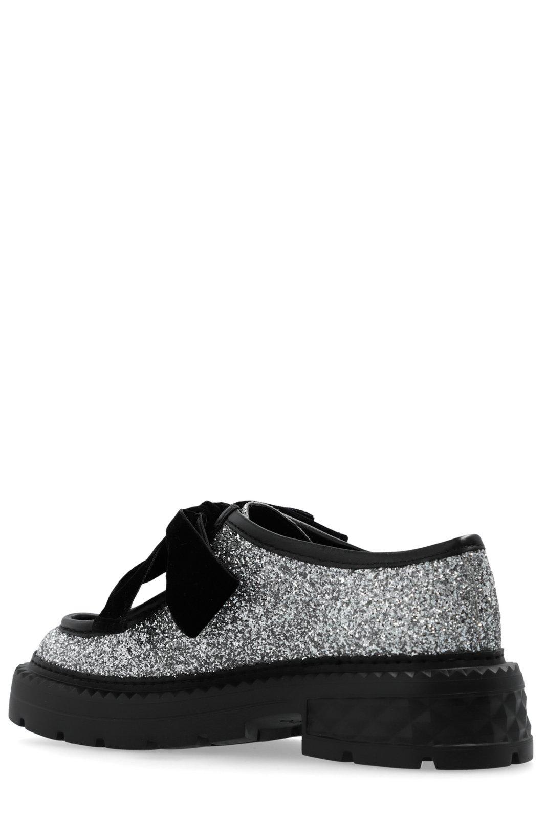 Shop Jimmy Choo Marlow Glittered Velvet Bow Loafers In Silver